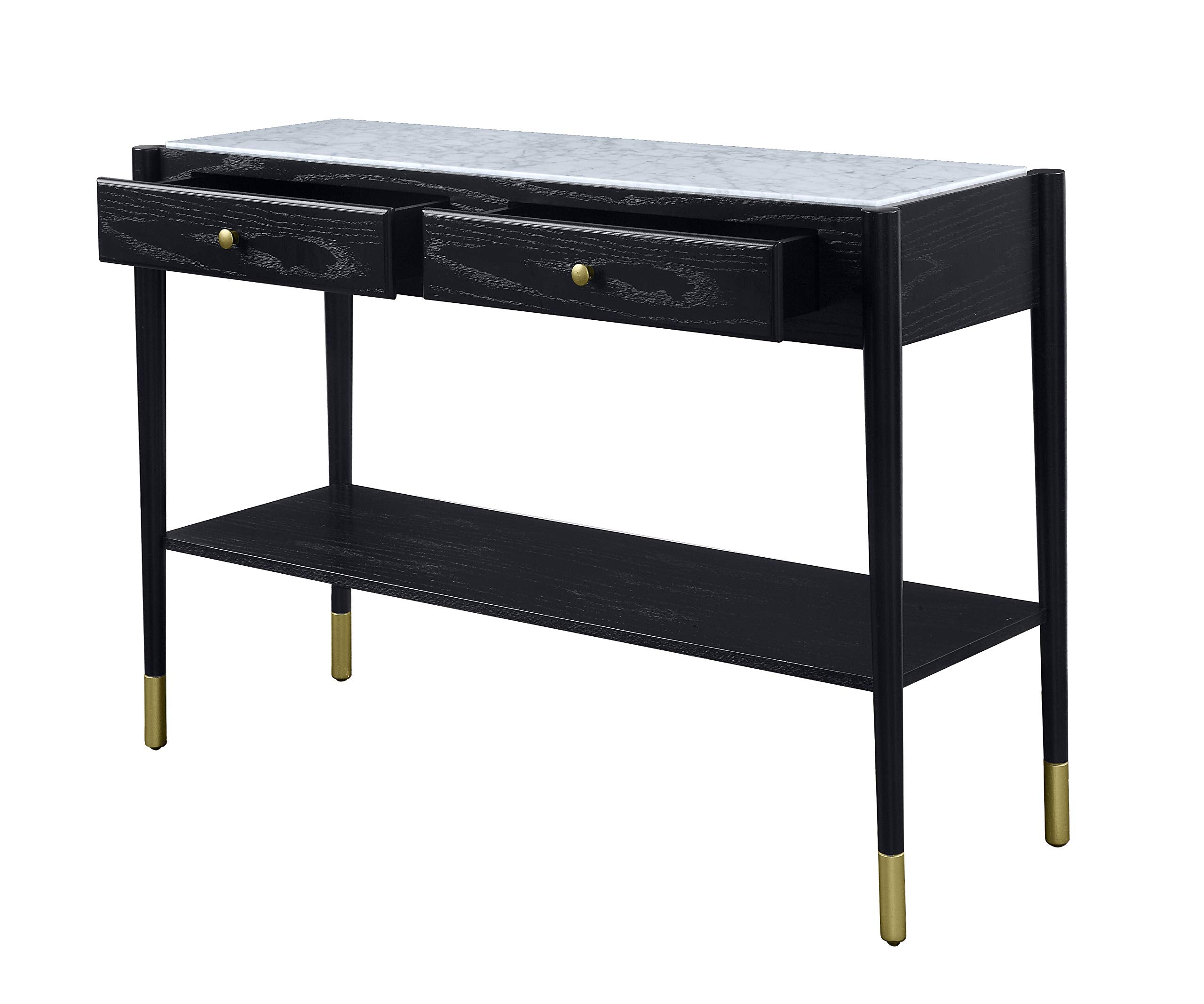 Acme Atalia 2-Drawer Marble Top Sofa Table With Bottom Shelf In Black