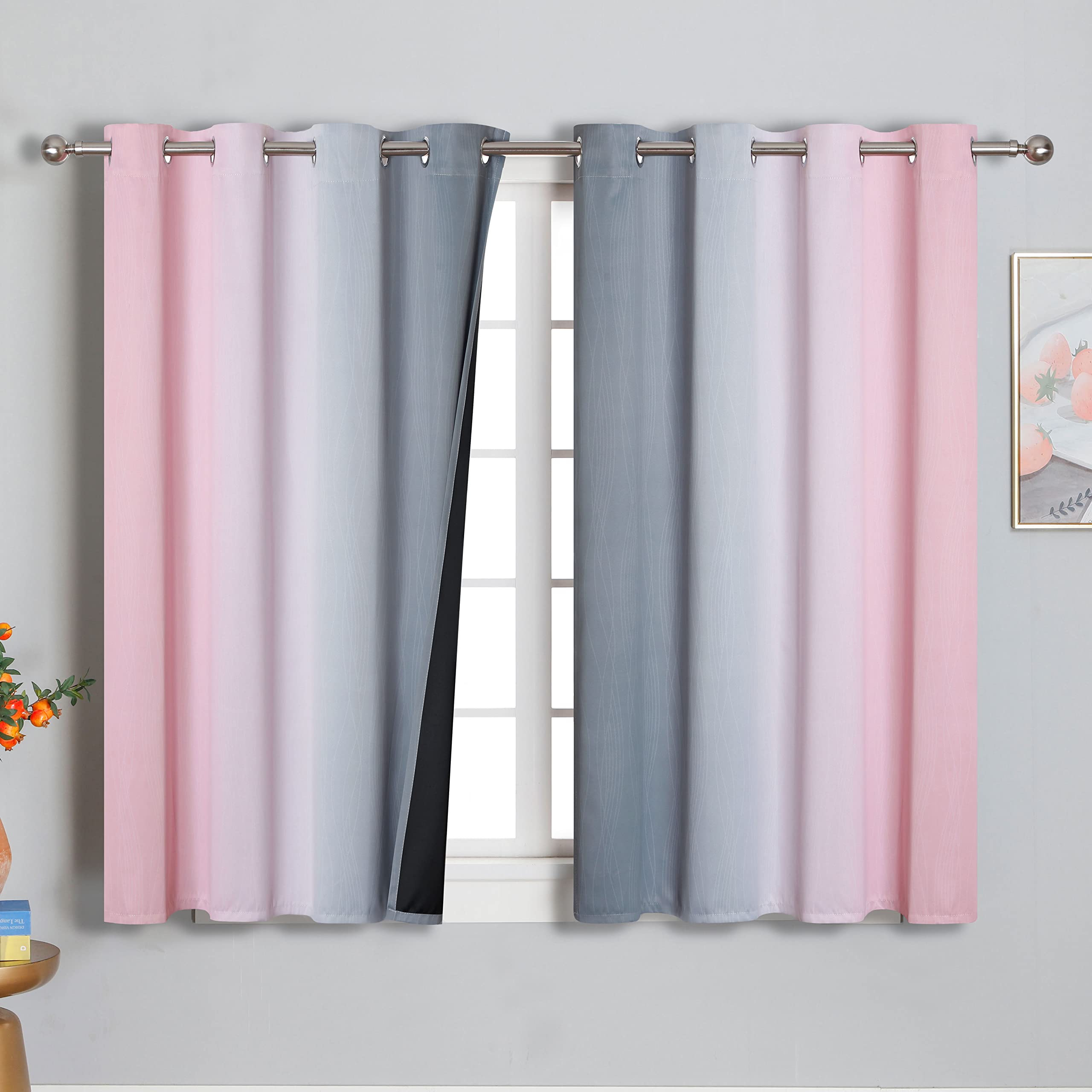 Pink And Grey Blackout Curtains 54 Inches Long,Ombre Full Room Darkening Window Curtains For Living Room,Grommet Thermal Insulat