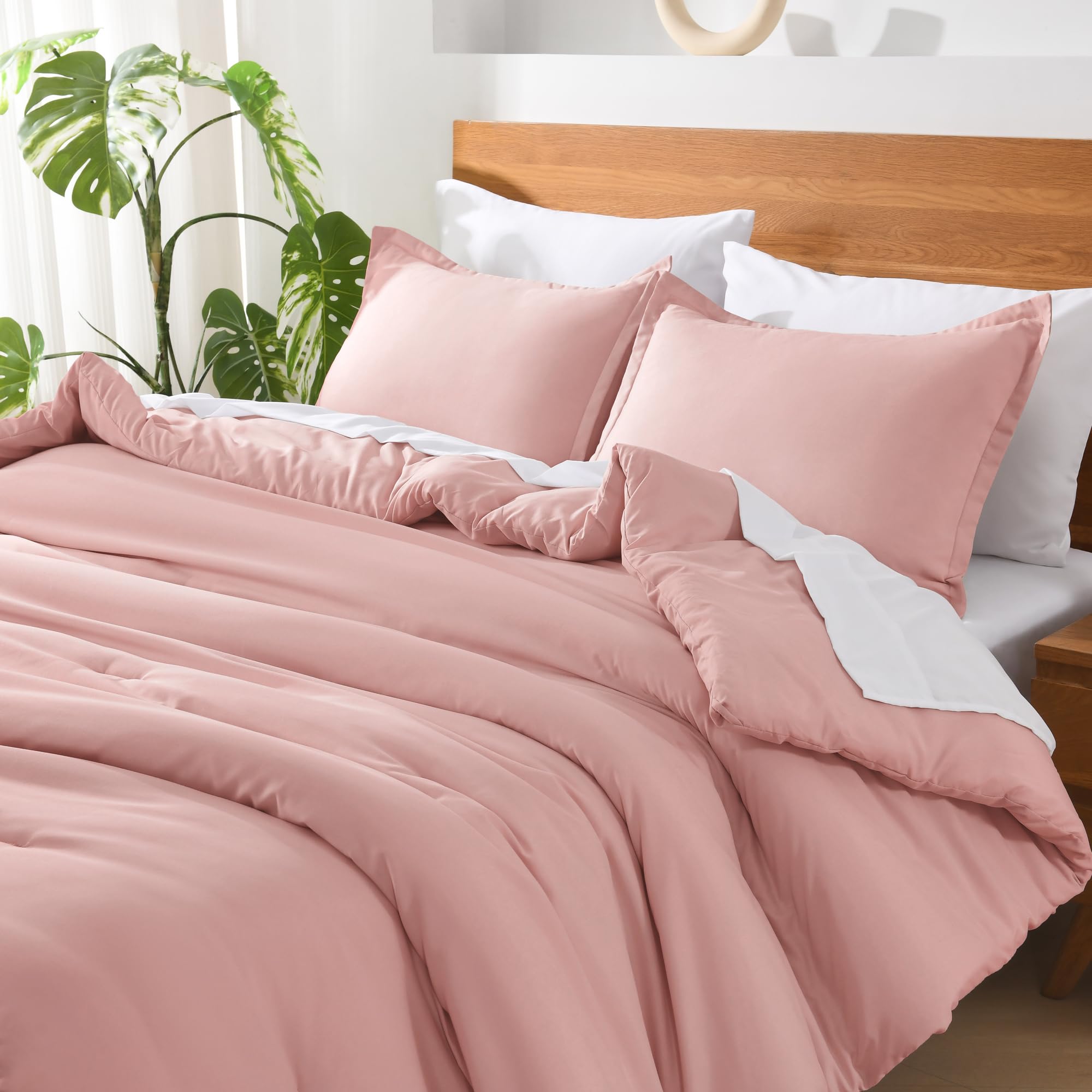 Andency Pink Comforter Set Queen Size - 7 Pieces Bed In A Bag Queen Bedding Comforter Sets, Summer Plain Soft Lightweight Comforter With Fitted Sheets, Flat Sheets, Pillowcases & Shams
