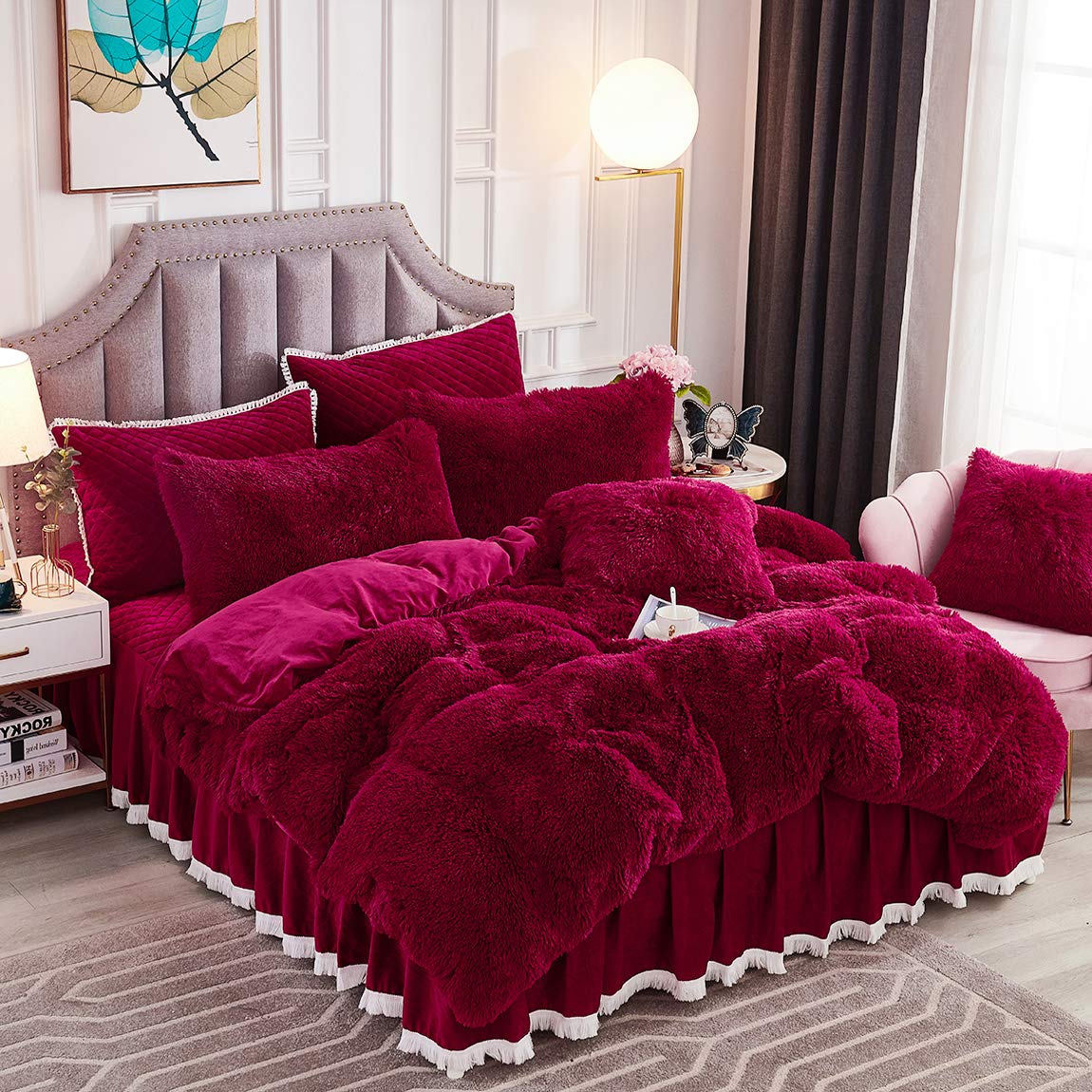 Jauxio Luxury Long Faux Fur 3 Pcs Bedding Set Shaggy Comforter Duvet Cover With Pillow Shams Ultra Soft Crystal Velvet Reverse (