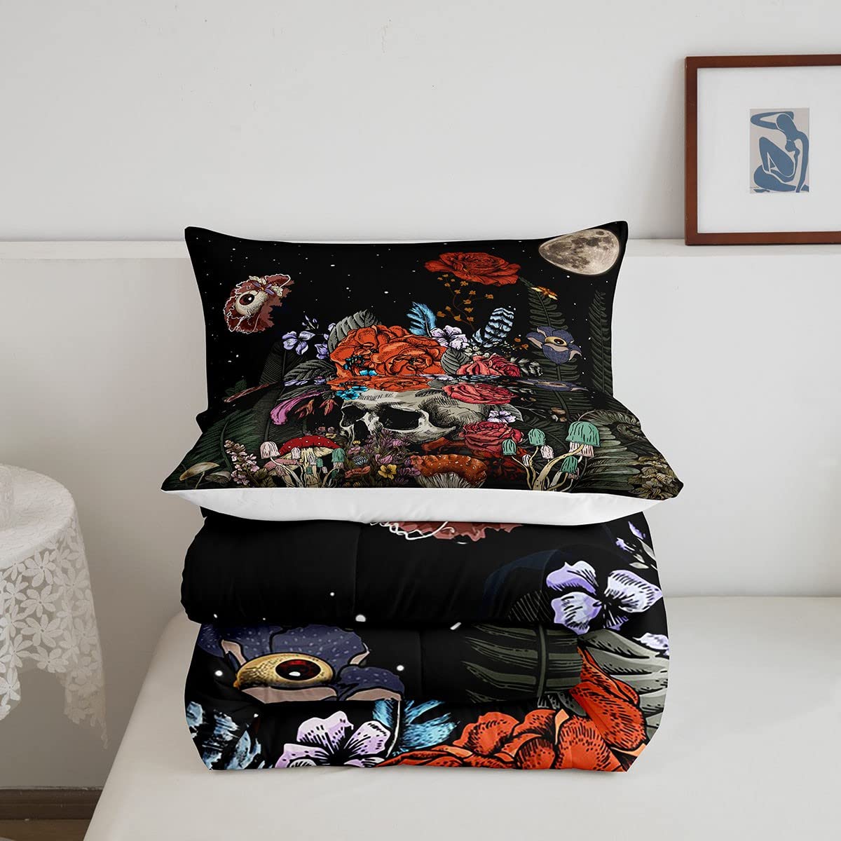 Erosebridal Sugar Skull Bedding Set,Botanical Flower Comforter Set For Kids Boys Girls Home Decor,Starry Sky Duvet Set Trippy Ga