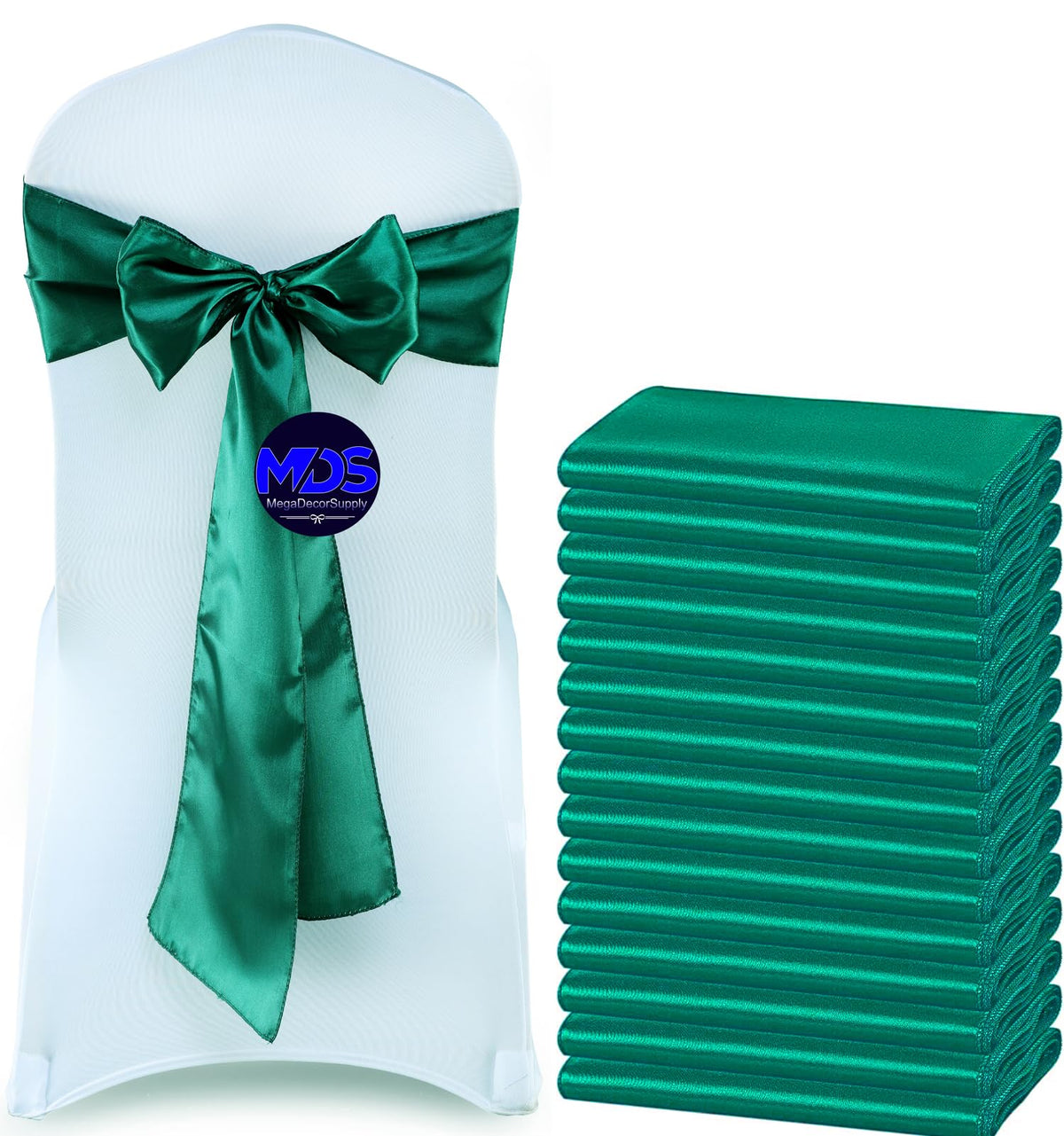 Mds Pack Of 50 Pcs Satin Chair Sashes Charmeuse Sateen Dining Chair Bows Ribbon Ties Back Sash For Wedding Party Birthday Home Hotel Restaurant Banquet Decoration (7 X 108 Inch, Emerald Green)