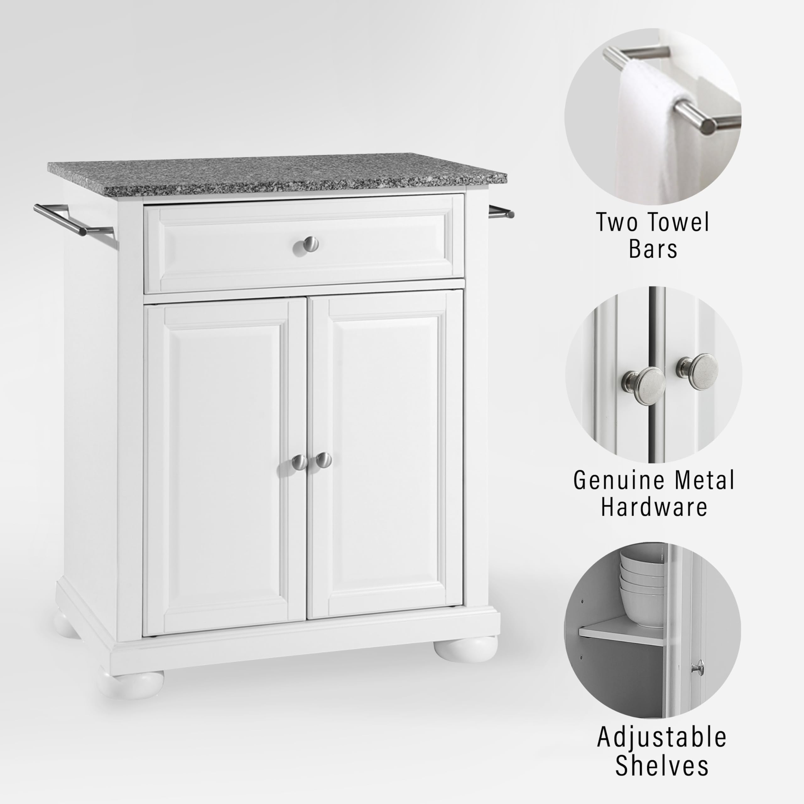 Crosley Furniture Alexandria Granite Top Small Portable Rolling Kitchen Island Storage Cart, Microwave Stand, White