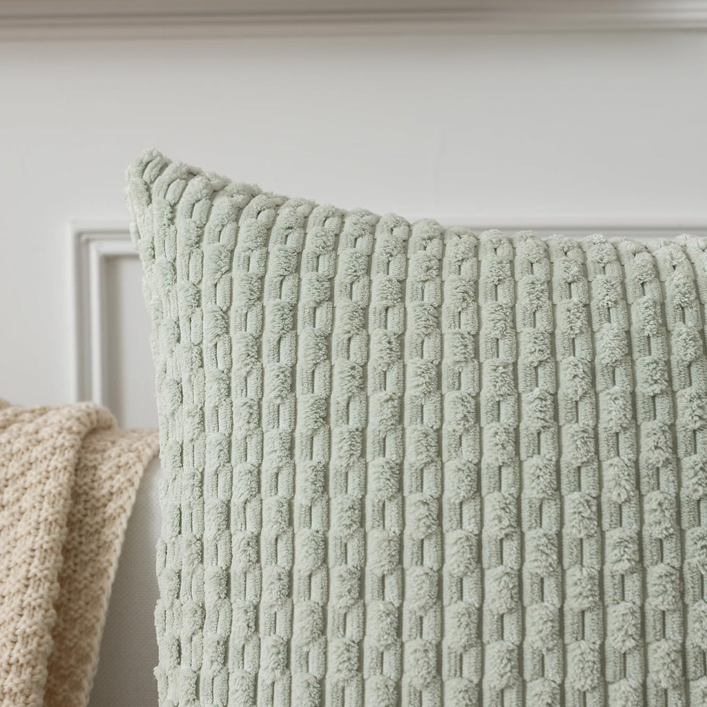 Kevin Textile Pack Of 2 Corduroy Decorative Throw Pillow Covers 16X16 Inch Spring Soft Boho Striped Pillow Covers Modern Farmhouse Home Decor For Spring Sofa Living Room Couch Bed Light Green