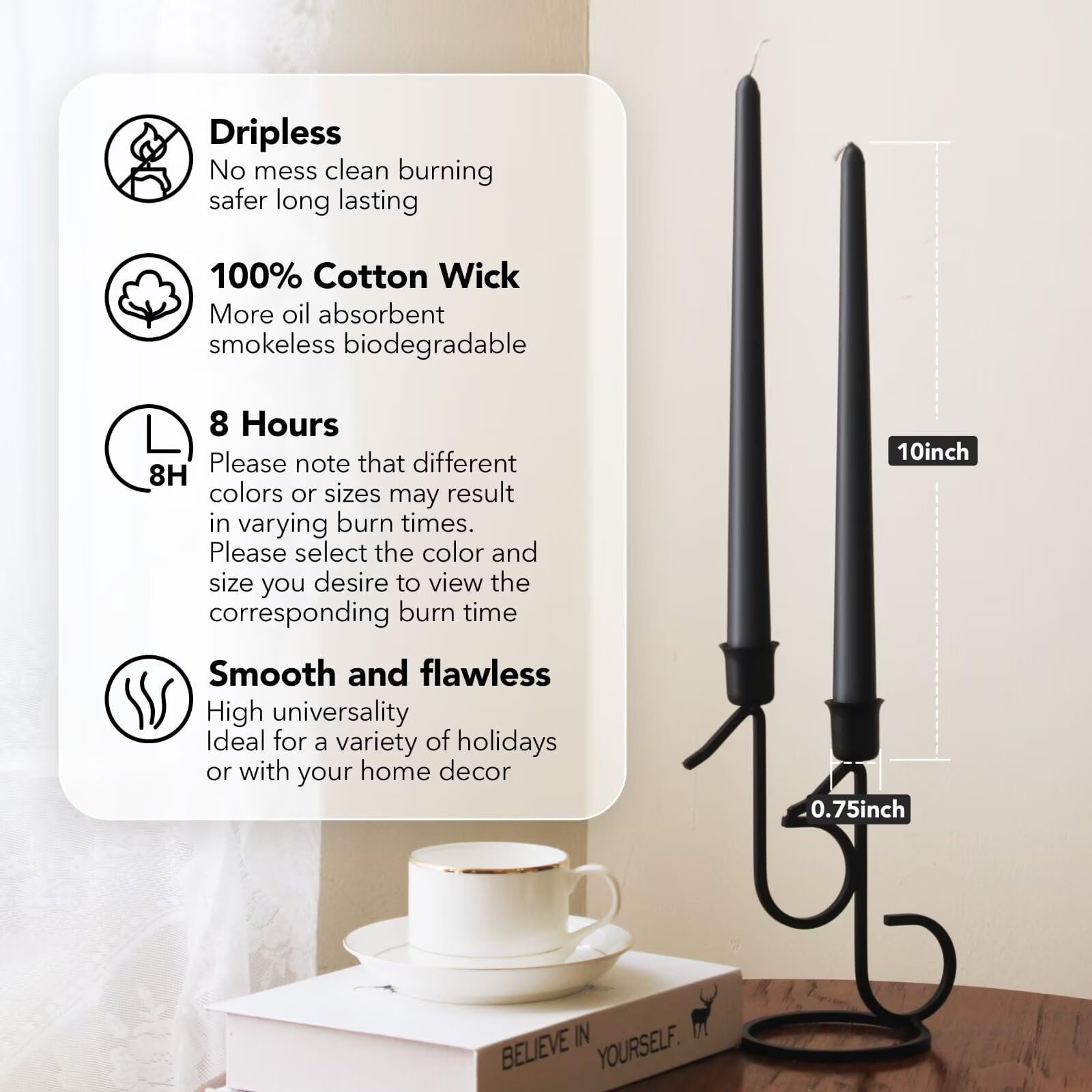 Pickood 10-Inch Tall Dripless Taper Candles Set Of 4 - Black Tapered Candles, Perfect For Halloween - Smokeless, Unscented, Long