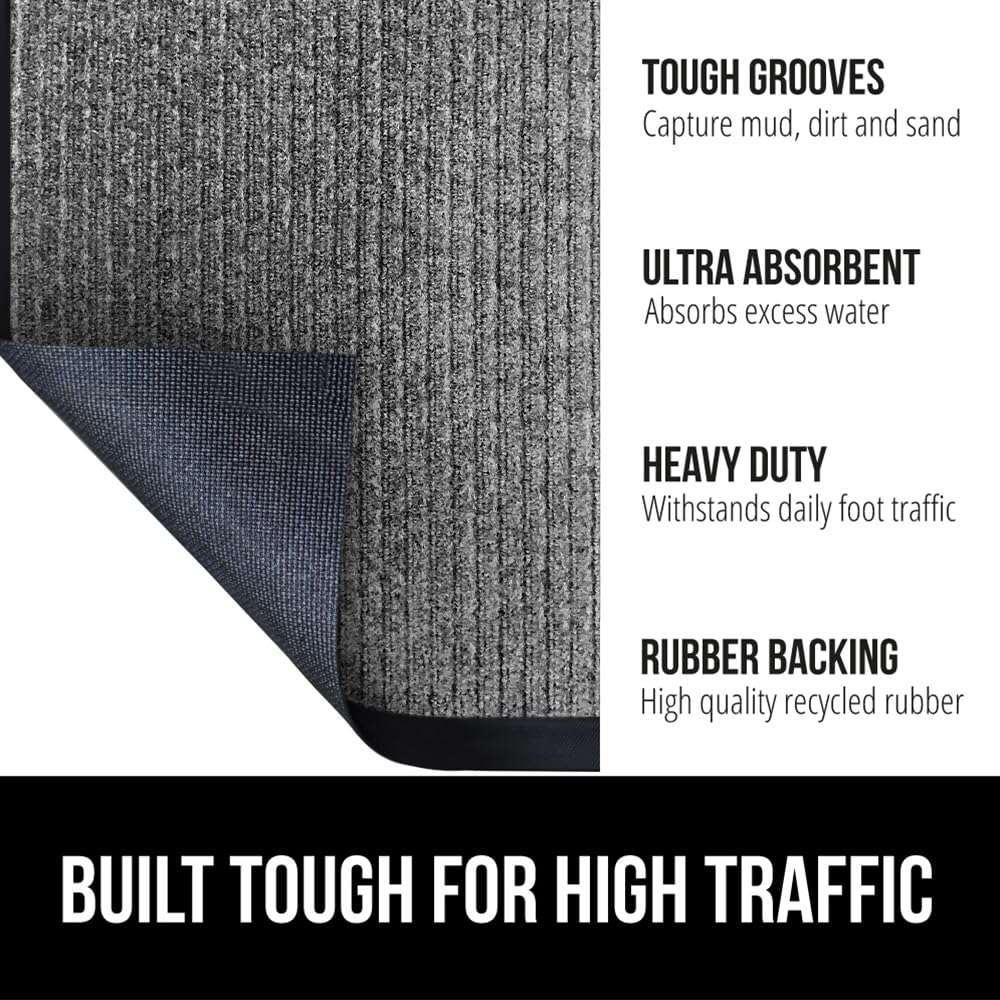 Gorilla Grip Waterproof Heavy Duty Traffic Guard Doormat, Stain And Fade Resistant, Durable Rubber, Low Profile Door Mat, Shoe Scraper, Welcome Mats For Entry, 35X23, Gray