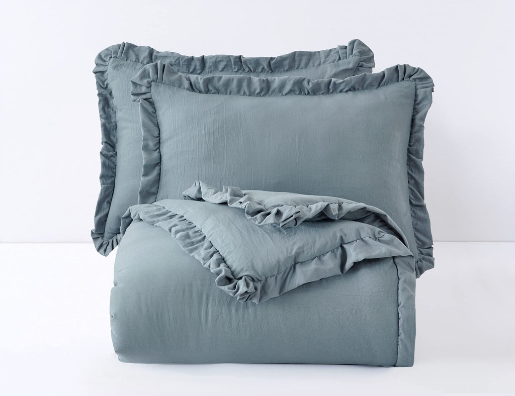 Chezmoi Collection Nora 3-Piece Ruffled Edge Trim Soft Washed Microfiber Comforter Set (Queen, Dusty Blue)