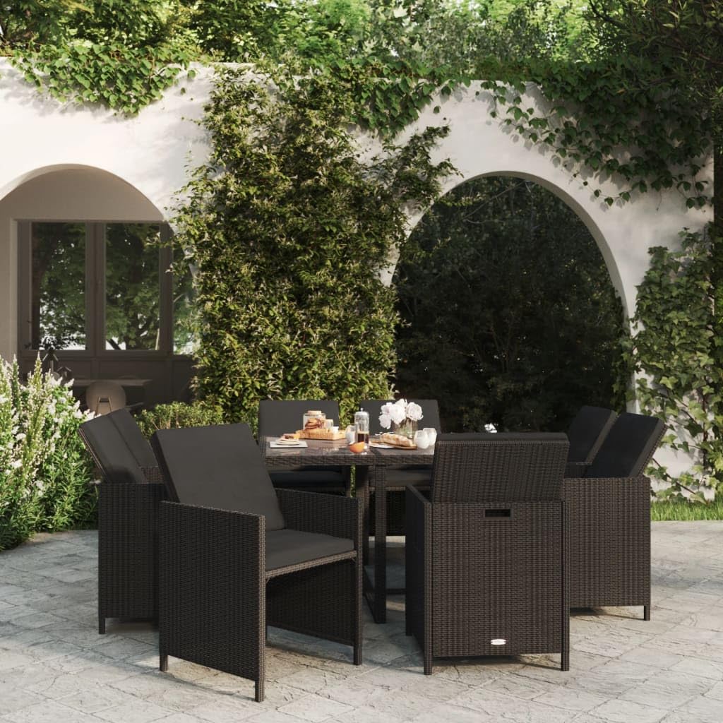 vidaXL Patio Dining Set 9 Piece with Cushions Garden Outdoor Terrace Balcony Dinner Table and Chair Seat Seating Furniture Poly Rattan Black