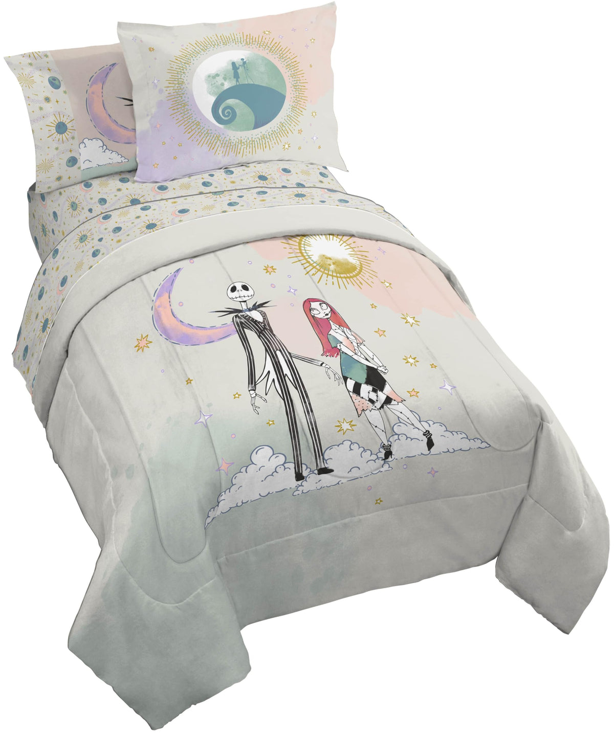 Disney Nightmare Before Christmas Twin Size Comforter Set - 5 Piece Jack And Sally Bedding Includes Sheet Set & Pillow Covers -