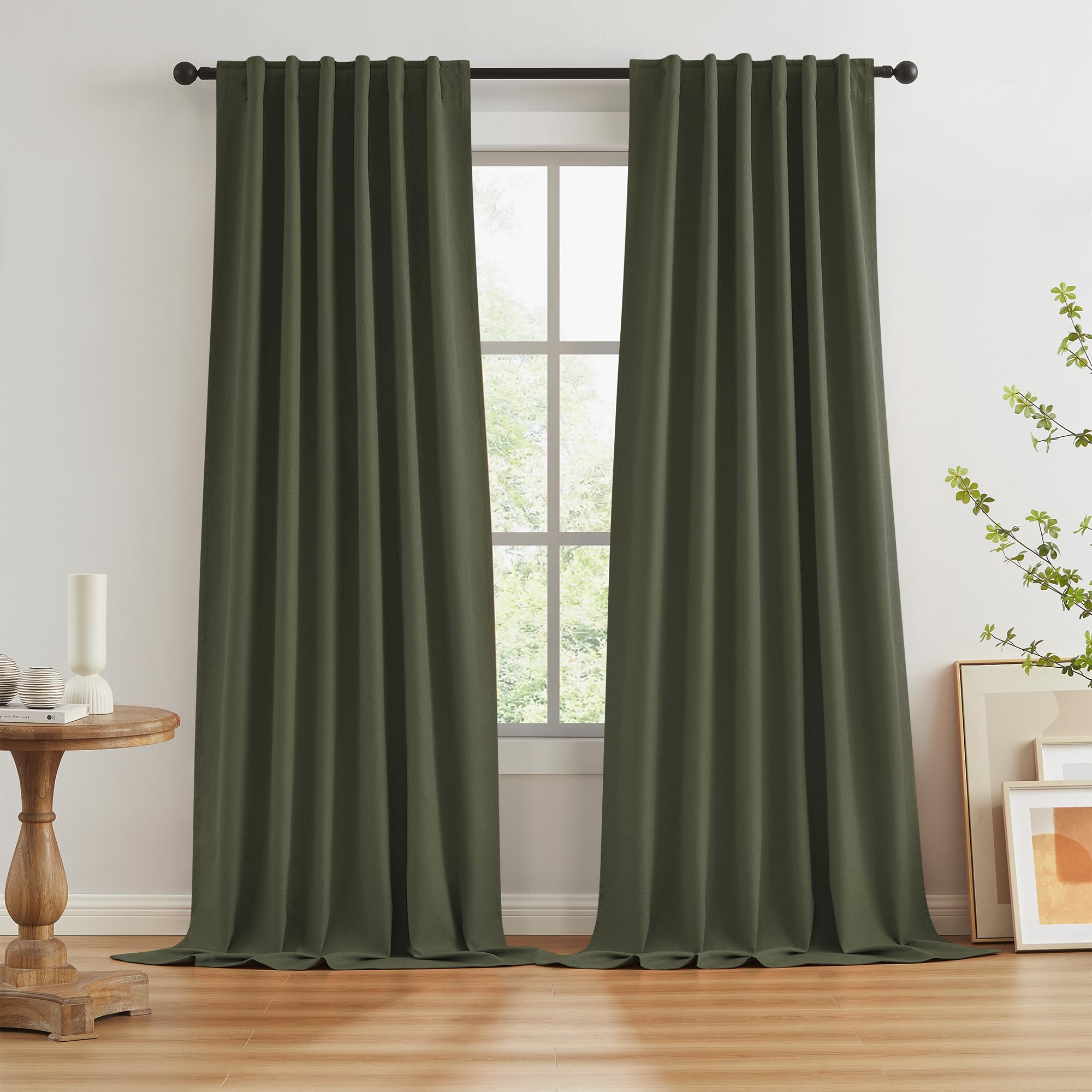 KEQIAOSUOCAI Dark Olive Green Blackout Curtains 102 Inches Long 2 Panels Set- Faux Linen Textured Black Out Thermal Insulated No