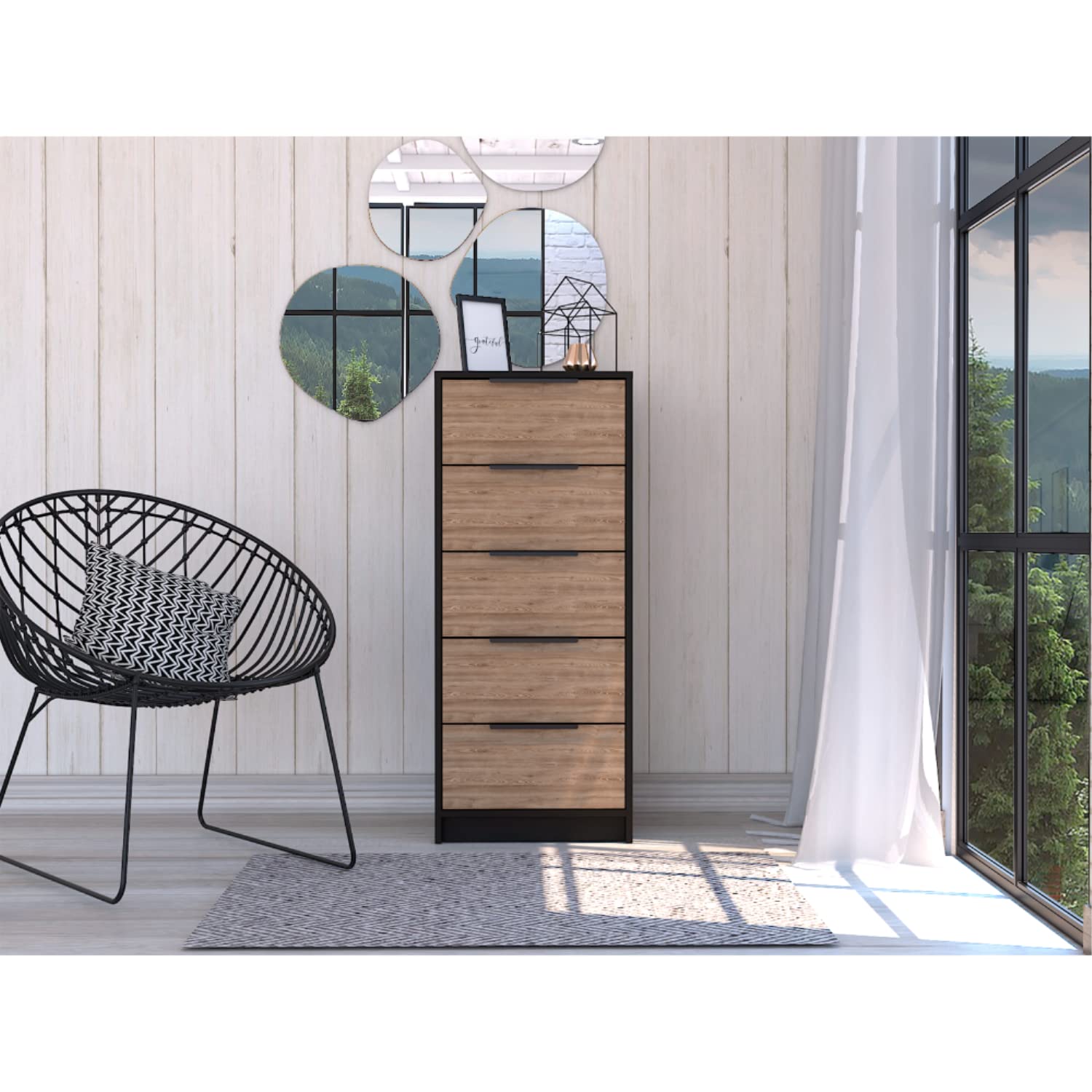 Egeo Space Saver Vertical Dresser with Five Drawers - Black/Light Oak