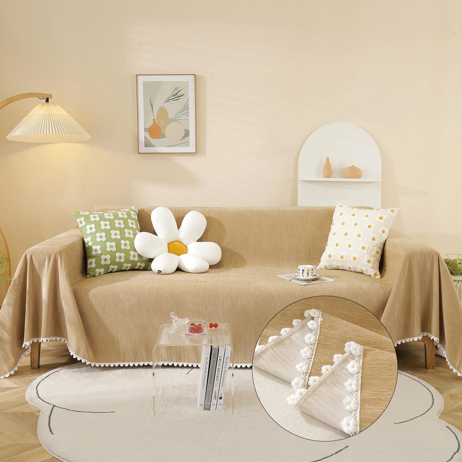 Handontime Khaki Loveseat Covers Couch Cover For Dogs Cats Solid Sofa Covers For 3 Cushion Couch Machine Washable Couch Covers For Sectional Sofa L Shape Chenille Sofa Slipcover Soft, 71' X150'