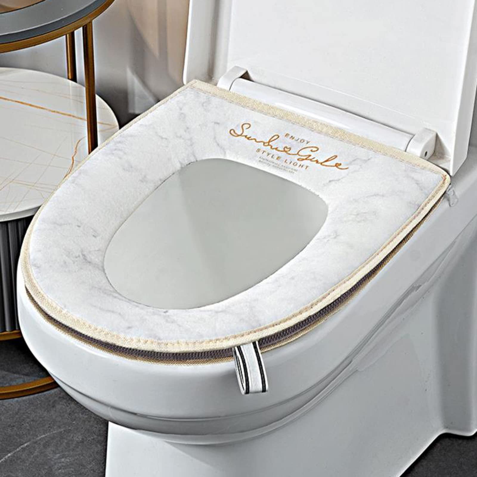 CHZJ Duoduo Toilet Seat Cover with Zipper, Washable Standard Toilet Lid Cover with Handle, Soft Thicken Warm Cover Pad Cushion f