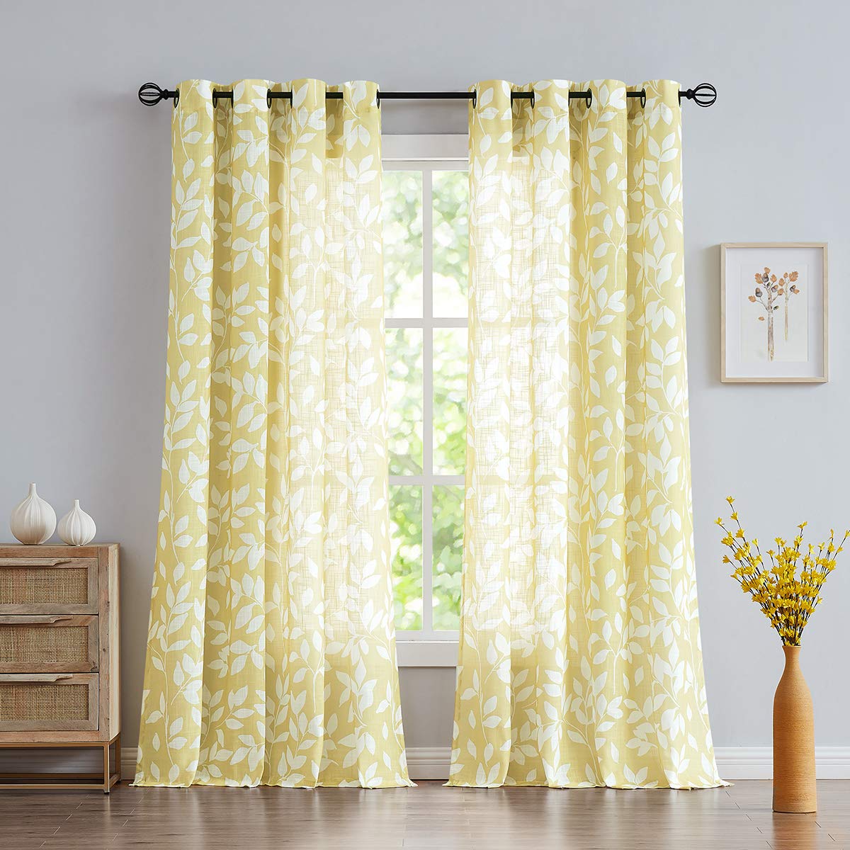 Treatmentex Yellow and White Curtains for Living Room 54 Length Leaves Print Semi-Sheers Curtains for Kids Room Windows, Mustar