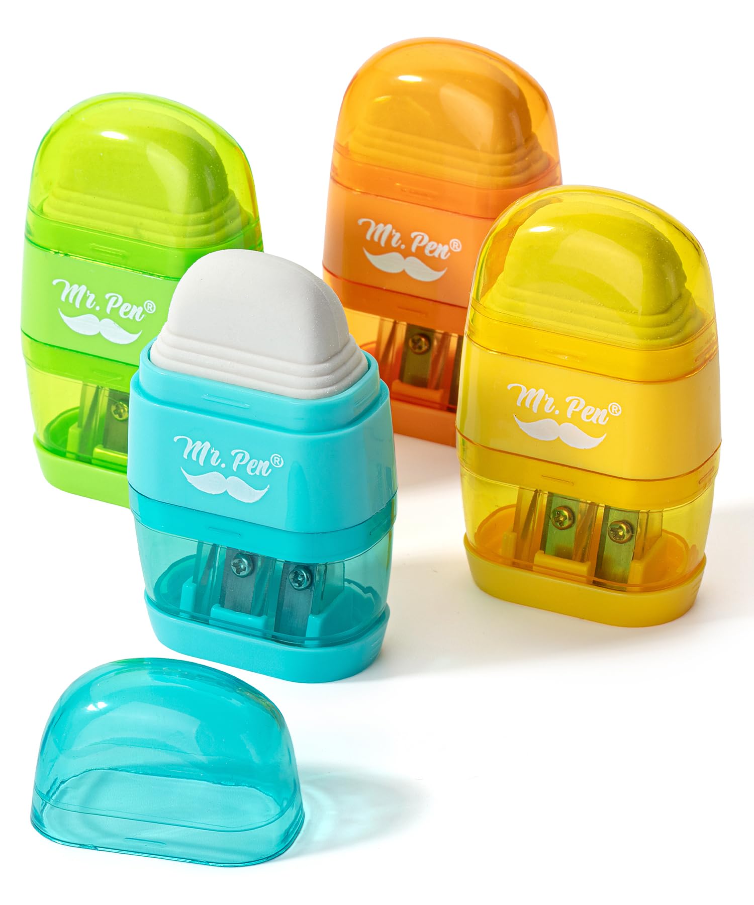 Mr. Pen- Pencil Sharpener & Eraser, 4 Pack, Colorful, 2 Sharpening Holes, Pencil Sharpeners Manual, Manual Pencil Sharpener, Pen