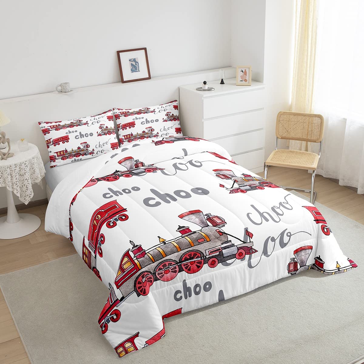 Feelyou Cartoon Car Bedding Set Kids Train Comforter Set Boys Girls Choo-Choo Rail Roads Tracks Decor Comforter Microfiber Train