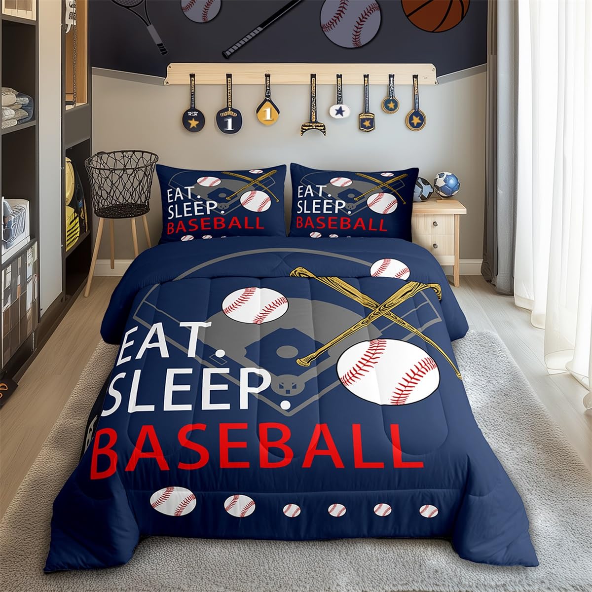Feelyou Kids Baseball Gaming Coverlet Set Full Size Navy Blue Comforter Set For Boys Girls Teens Bedroom Decor Softball Comforte