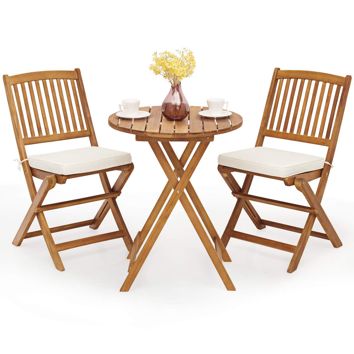 Giantex 3Pcs Patio Bistro Set, Wood Folding Table Set, 2 Cushioned Chairs For Garden Yard, Outdoor Furniture Round Table (Natural & Beige)