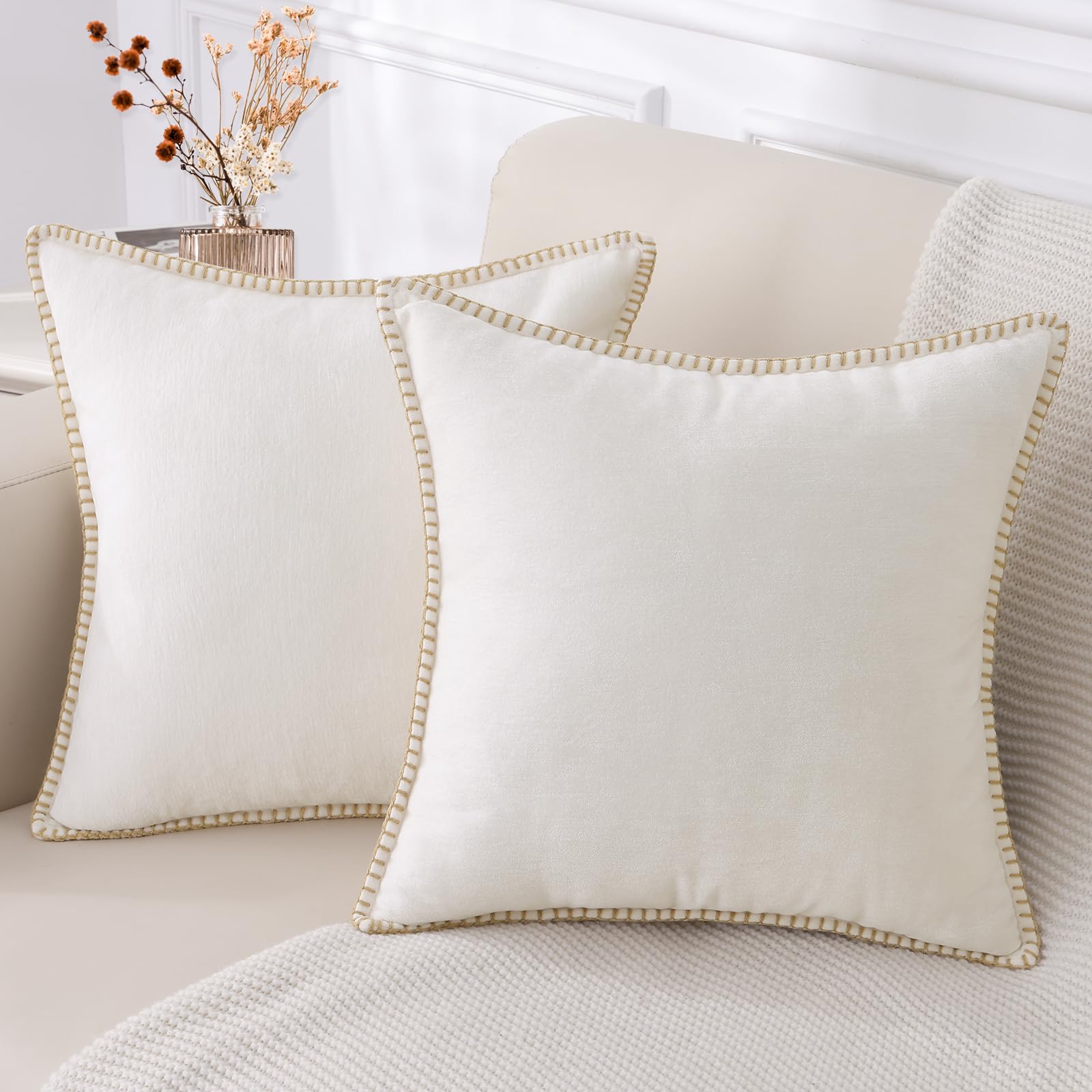 Decoruhome Chenille Soft Spring Throw Pillow Covers 26X26 Set Of 2, Farmhouse Velvet Decorative Pillow Covers With Stitched Edge For Couch Sofa Bed, Cream White