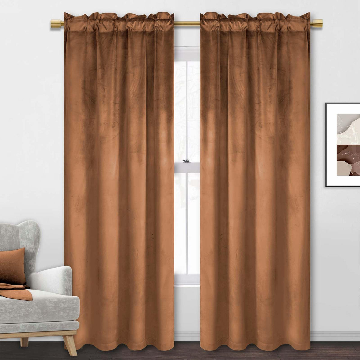Jiuzhen Gold Brown Velvet Curtains 72 Inch Length Room Deco Privacy Protect Rod Pocket Velvet Window Drapes Thermal Insulated Li