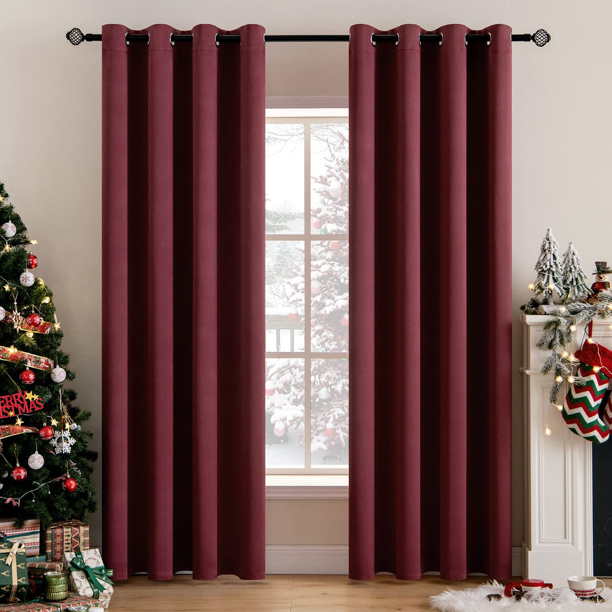 Miulee Christmas Blackout Curtains 2 Panels, Room Darkening Thermal Insulated Drapes Solid Window Treatment Set Grommet Top Ligh