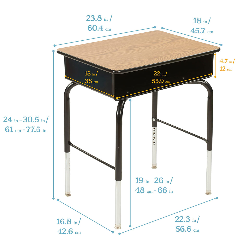 Ecr4Kids Open Front Desk With Metal Storage Book Box, Adjustable, Classroom Furniture, Oak