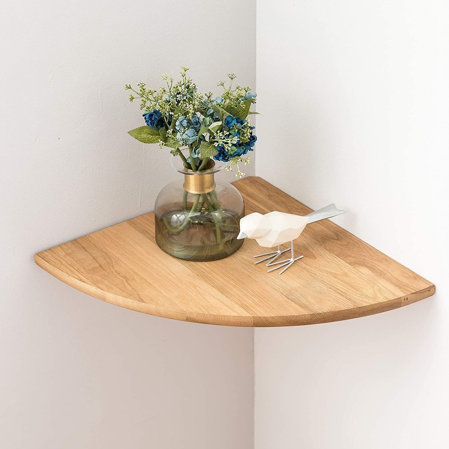 Conamily Corner Shelf, Solid Oak Wood Floating Corner Shelf Wall Mount Round End Floating Speaker with Wire Hole for Small Plant