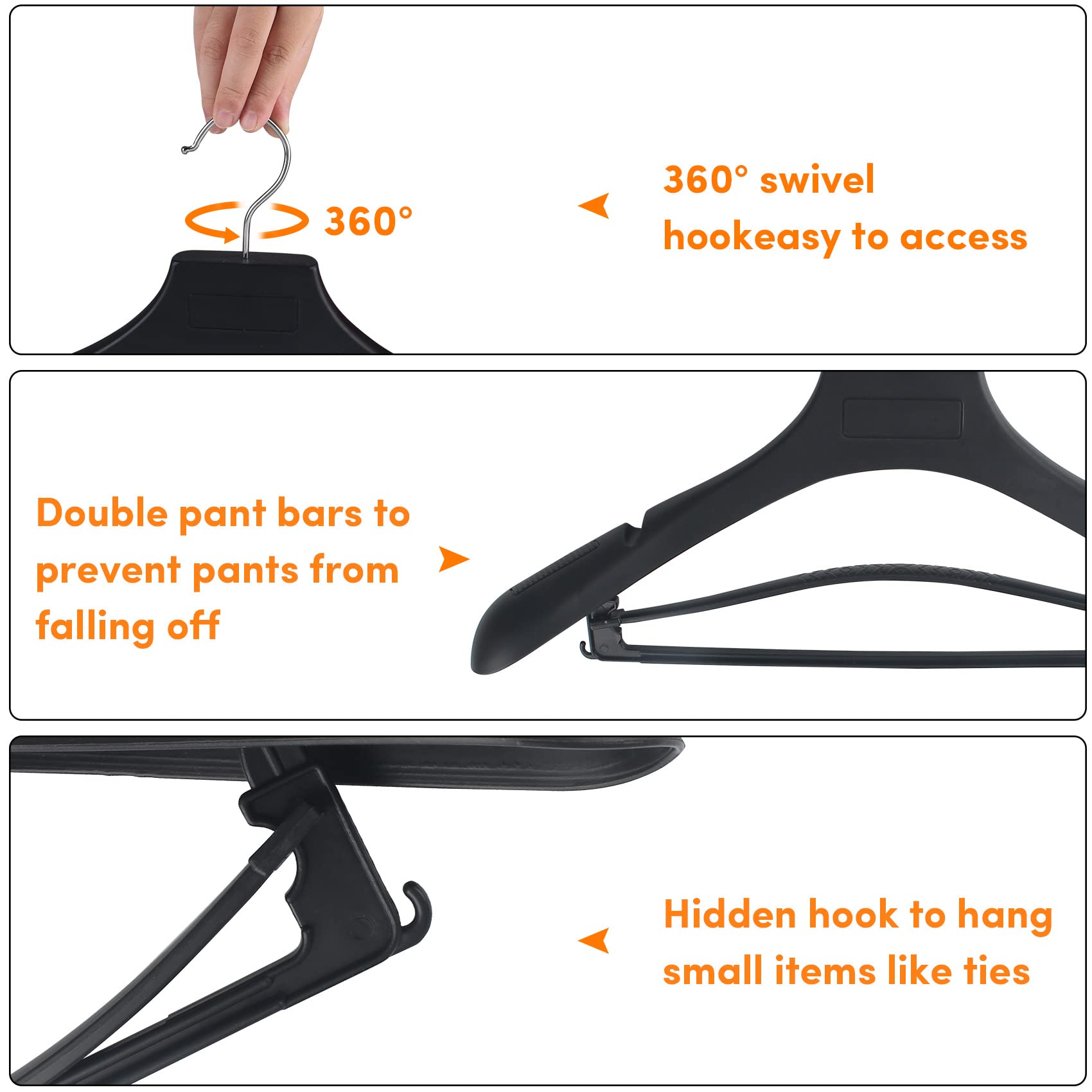 Dedu Suit Hangers For Men 50 Pack, Extra Wide Hangers Non Slip Width 17.7'', Black Coat Hangers Thick Plastic With Pants Bar 360