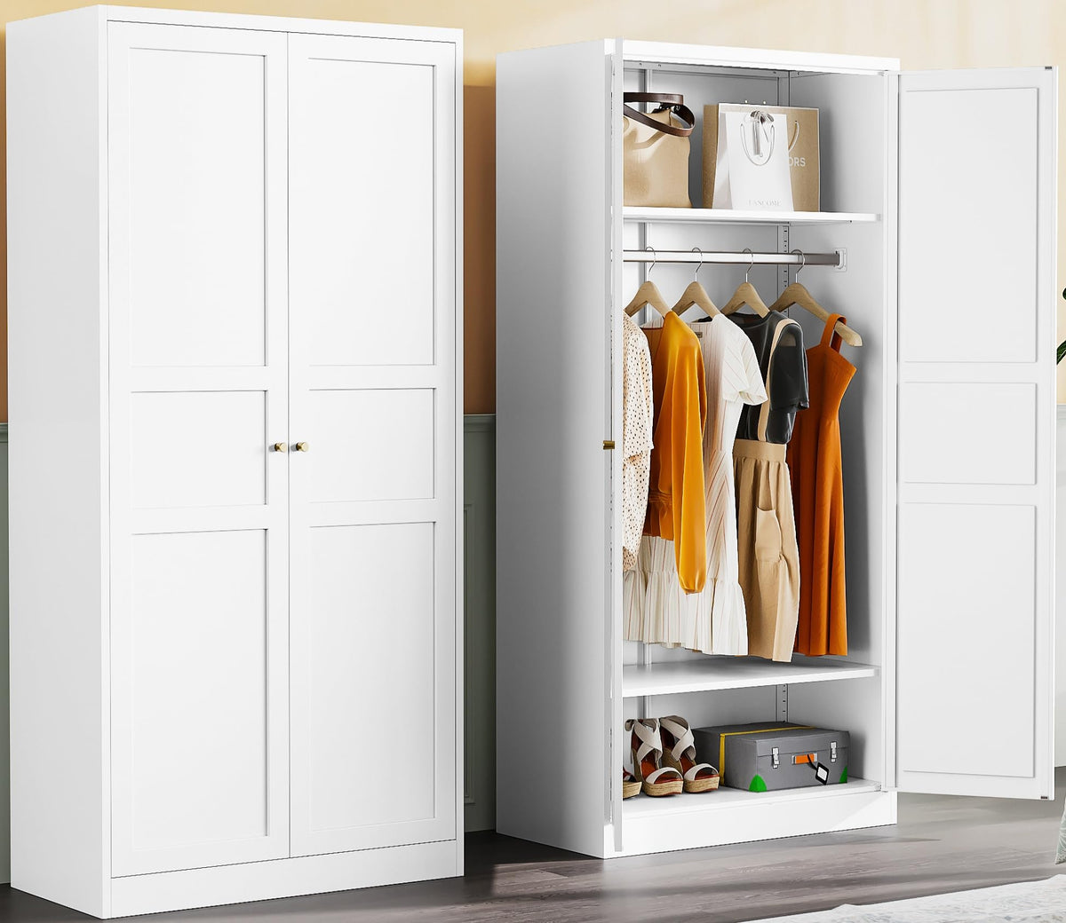 Metal Wardrobe Cabinet with Hanging Rod,White Armoire Wardrobe Closet,Metal Clothing Storage Cabinet with Adjustable Shelves and