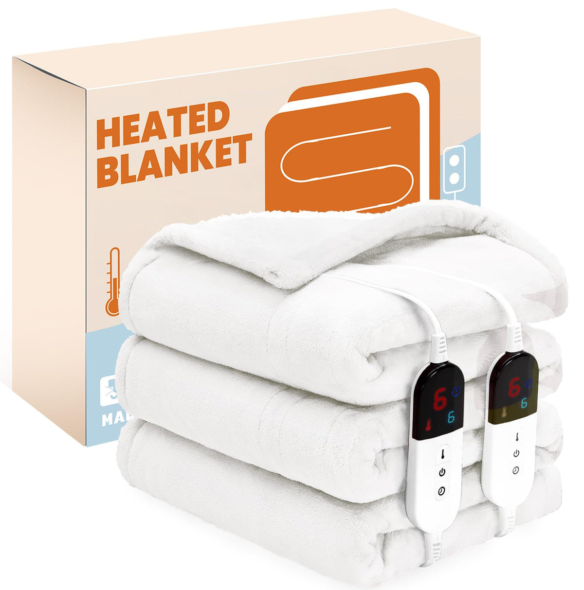 Ptq Electric Heated Blanket,Flannel & Sherpa Heated King Blanket 90'X100',Fast Heating Soft Fleece Blanket With 6 Heating Leve