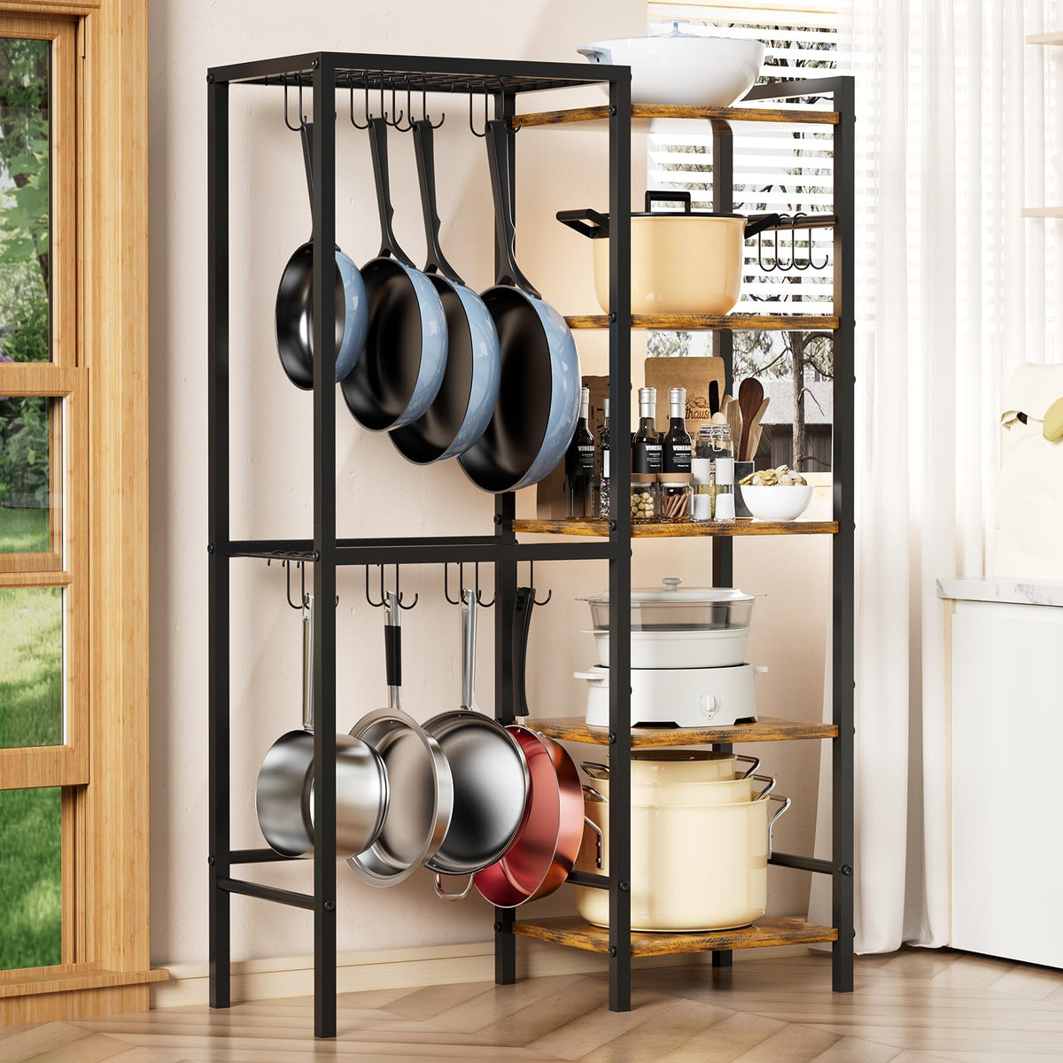 OMISRUIS 5Tier Pot and Pan Organizer Rack with Hooks, HeavyDuty Kitchen Storage Shelf for Cookware, Dishes, and Utensils, Free