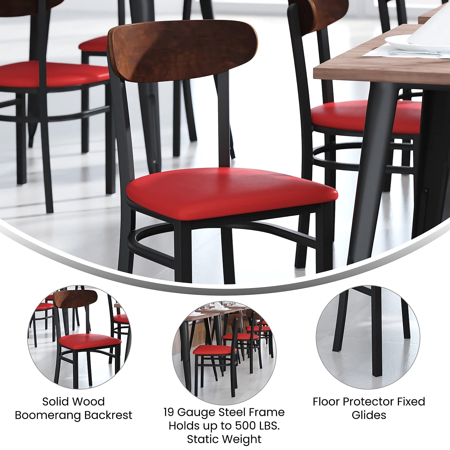 Flash Furniture Wright Commercial Dining Chair 523 Lb. Capacity Black Steel Frame-Integrated Footrest, 1 Pack, Walnut Wood Back/Red Vinyl Seat