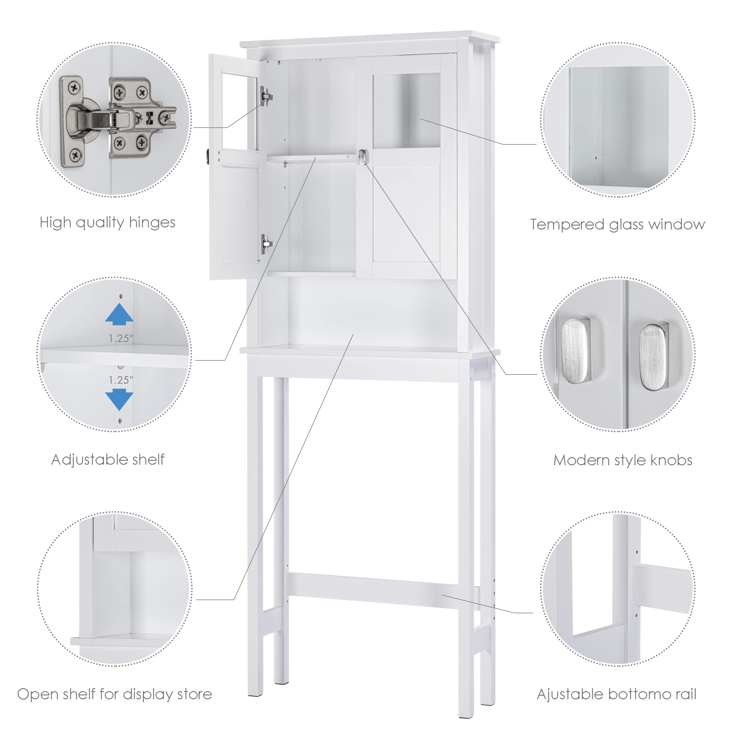 Spirich Bathroom Cabinet Over Toilet, Bathroom Storage Cabinet With Glass Doors And Adjustable Shelves, Over The Toilet Storage Cabinet, White