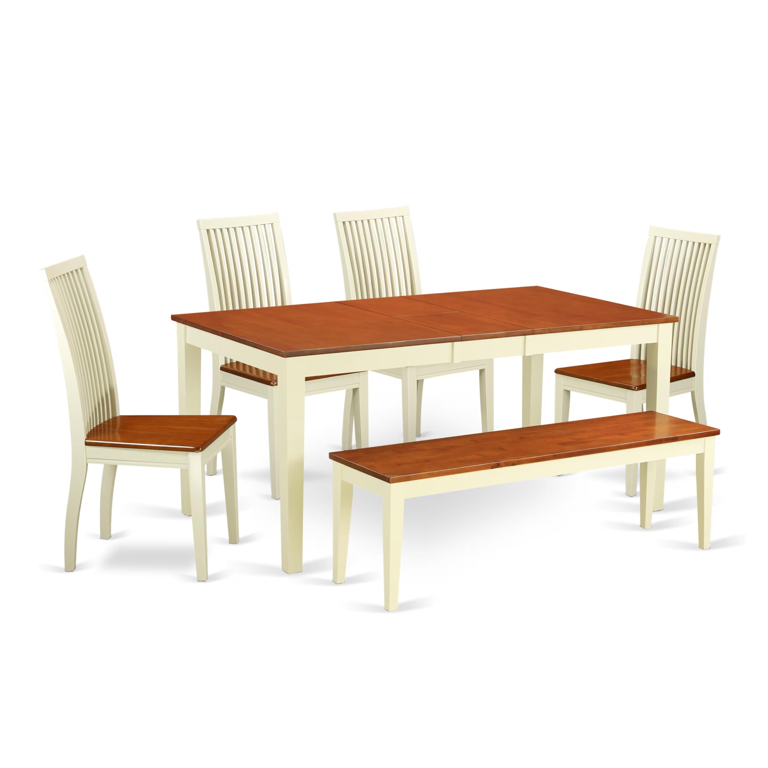 East West Furniture NIIP6-BMK-W 6 Piece Dining Table Set Contains a Rectangle Dining Room Table with Butterfly Leaf and 4 Wooden Seat Chairs with a Bench, 36x66 Inch, Buttermilk & Cherry