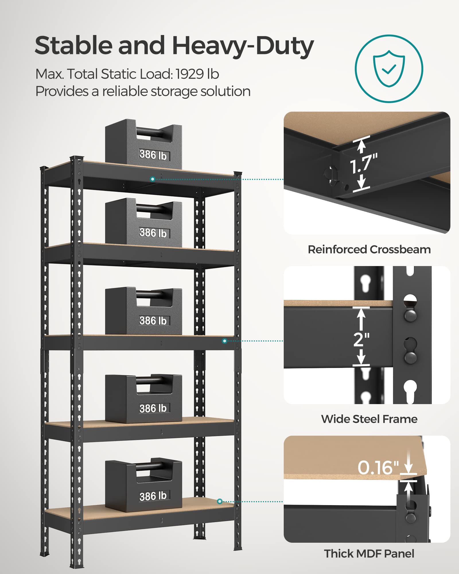 Songmics 5-Tier Storage Shelves, Set Of 2 Garage Storage, Boltless Assembly, Adjustable Shelving Units, 11.8 X 29.5 X 59.1 Inches, Load 1929 Lb Each, Shed Warehouse Basement, Black Uglr300B02