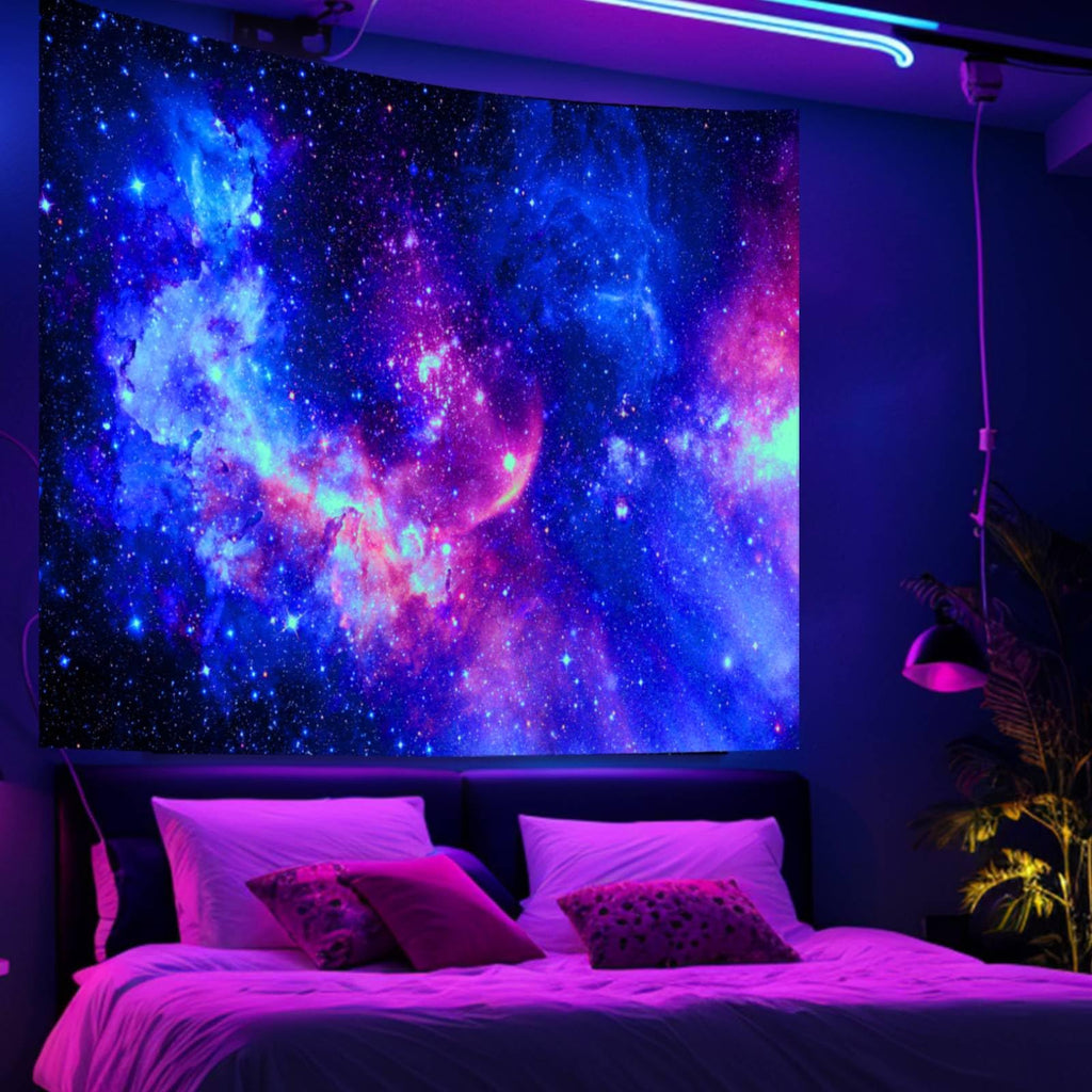 Blacklight Galaxy Tapestry For Bedroom Aesthetic Space Starry Sky Stars Universe Backdrop Black Light Poster Decor Wall Hanging