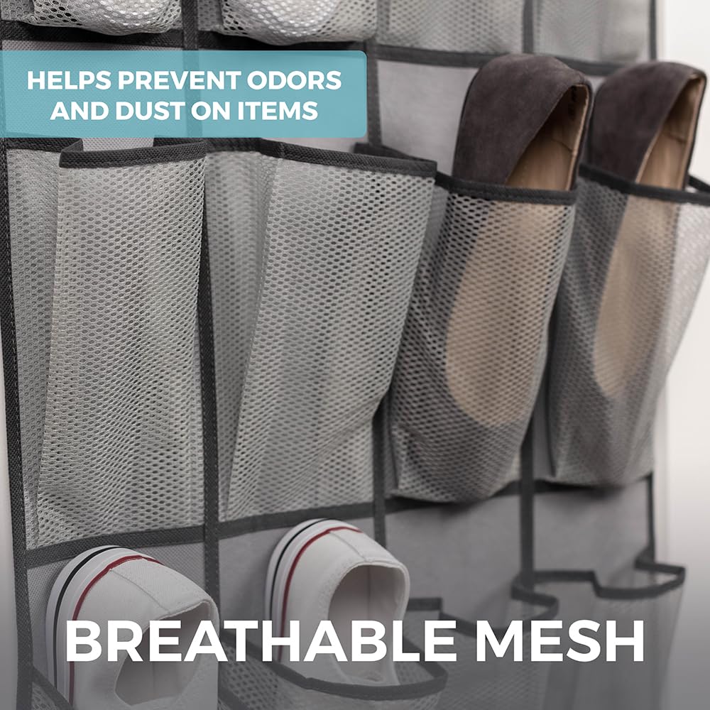 HOME GENIE Over the Door Shoe Organizer, 24 Mesh Pockets, Slate Gray, Holds Up to 40 lbs, Model 840316705363