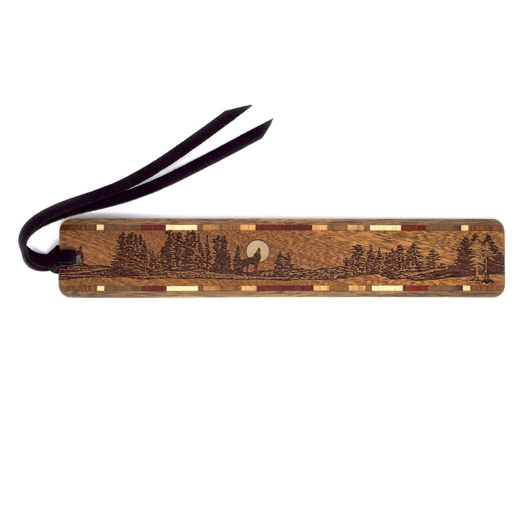 Wolf Howling Full Moon Forest Engraved Wooden Bookmark - Made In The Usa - Also Available Personalized