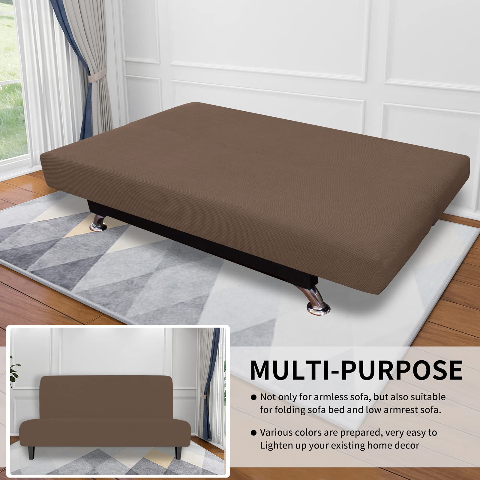 Easy-Going Stretch Futon Slipcover Armless Futon Bed Cover Furniture Protector Without Armrests With Elastic Bottom For Kids, Soft Jacquard Fabric Small Checks (Large, Brown)