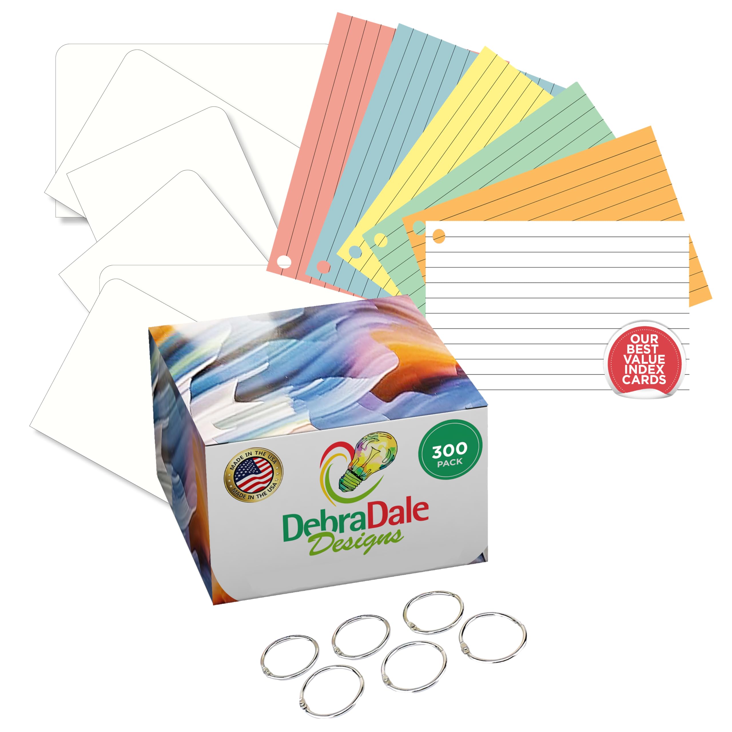 Debra Dale Designs Best Value Ruled Note Cards With Rings - 300-Pack 4'X6' - 6 Colors In Secure Storage Box - Made In Usa