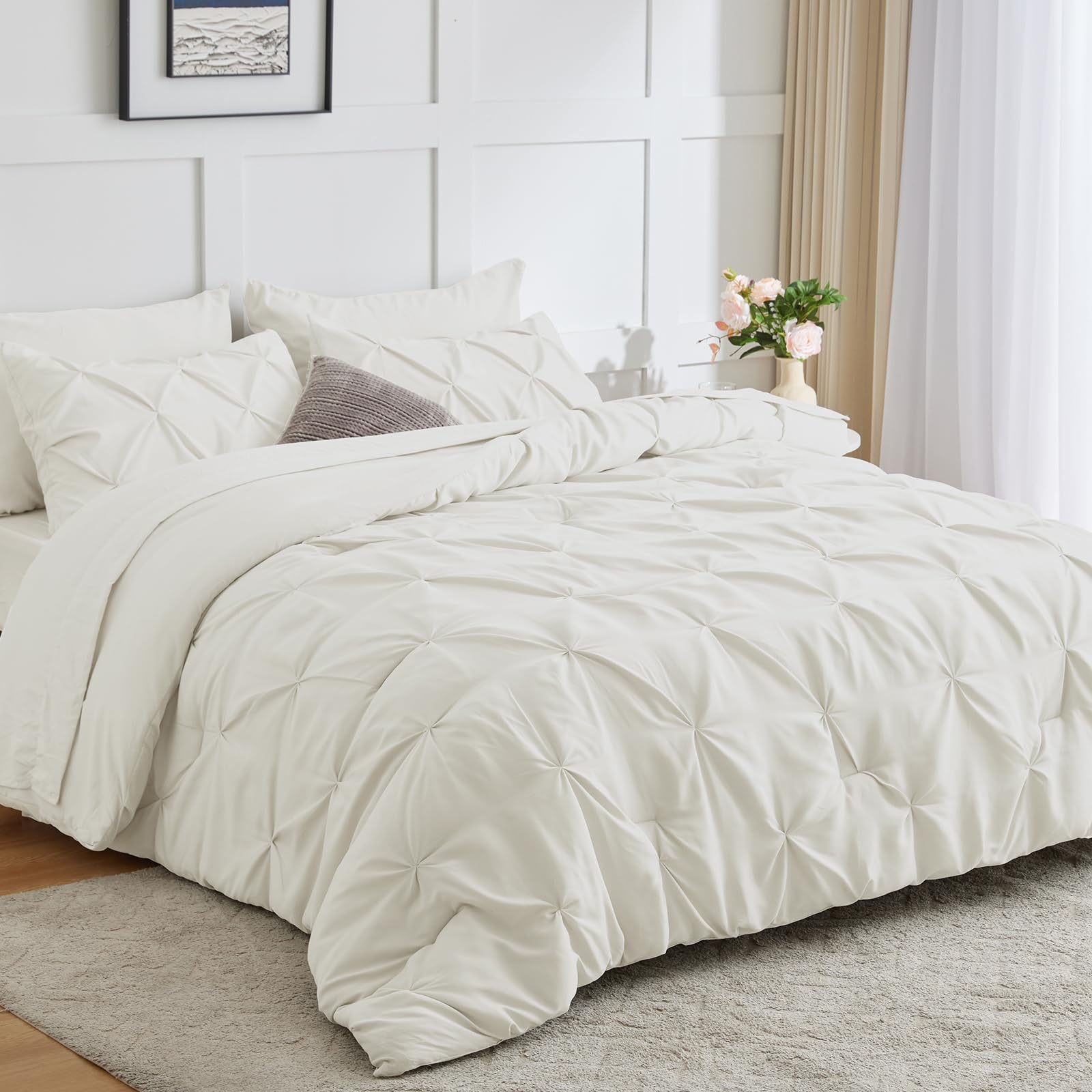 Cozylux Ivory Comforter King Size 7 Pieces Bed In A Bag Ivory Pintuck Comforters Pinch Pleat Bedding Sets With All Season Comfor