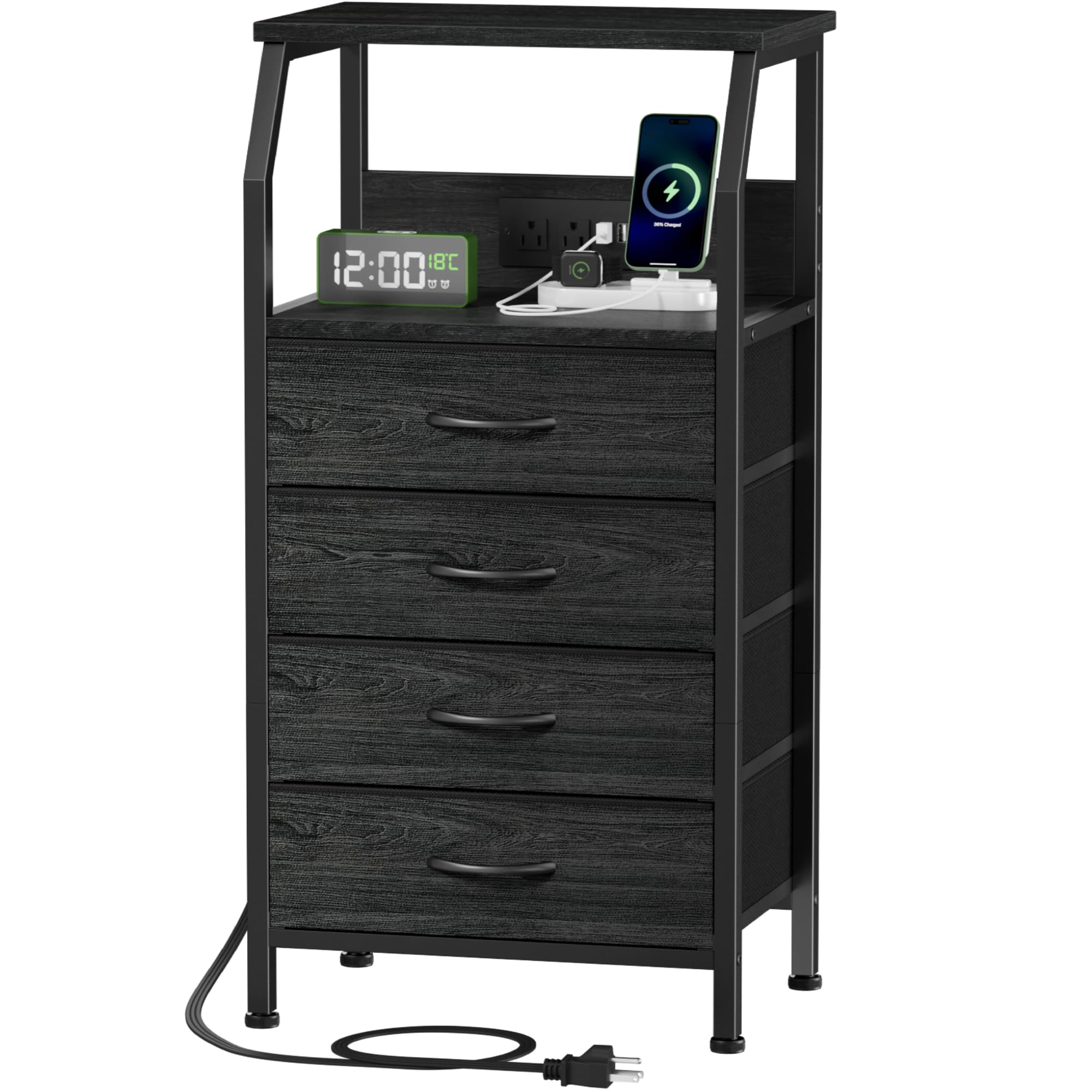 Furnulem Night Stand With Charging Station, 4 Drawer Dresser With Storage Shelf, 33.3 Inch Tall Side Table, Fabric End Table For Closet, Entryway, Bedside Furniture, 3 Ways To Use, Black Oak
