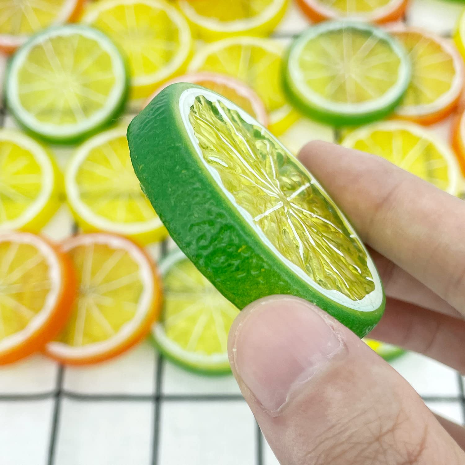 Lorigun 30Pcs Fake Lemon Slice Garnish Artificial Fruit Faux Food House Bar Decoration Cocktail Party Arrangement(Red Green Yell