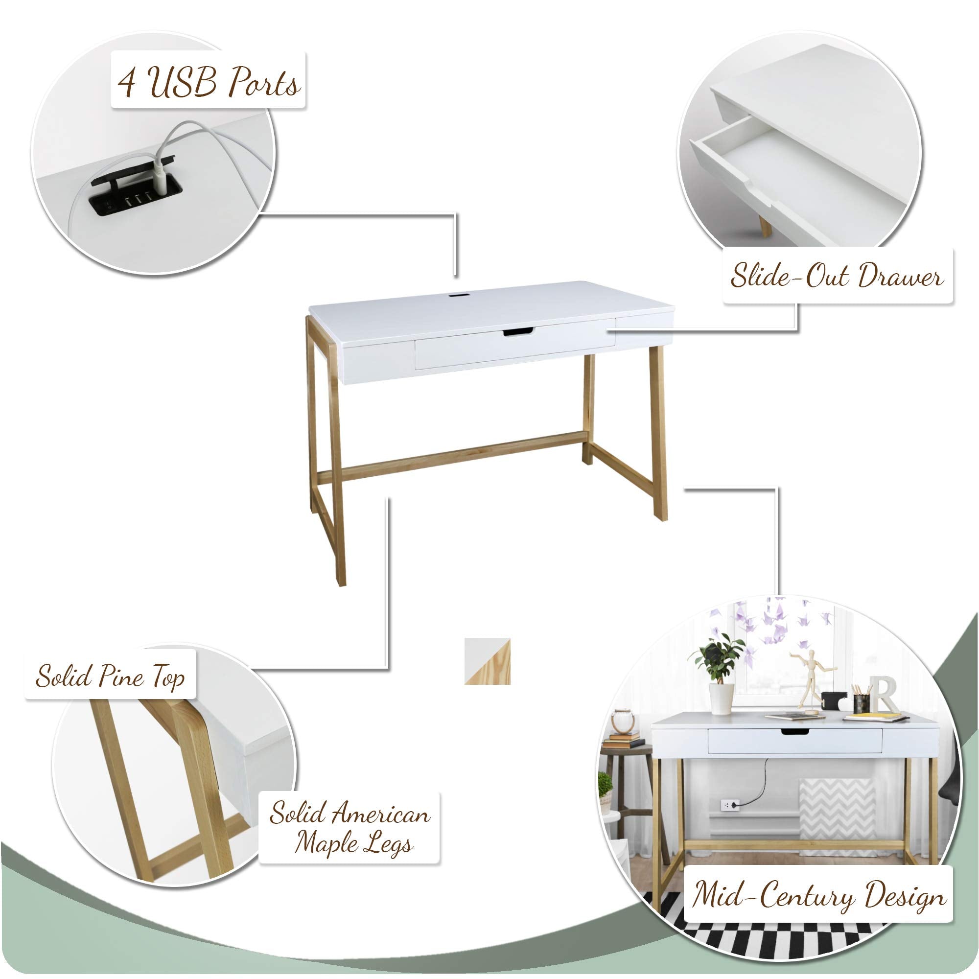 Neorustic Smart Desk With Usb Ports, Solid American Maple Legs