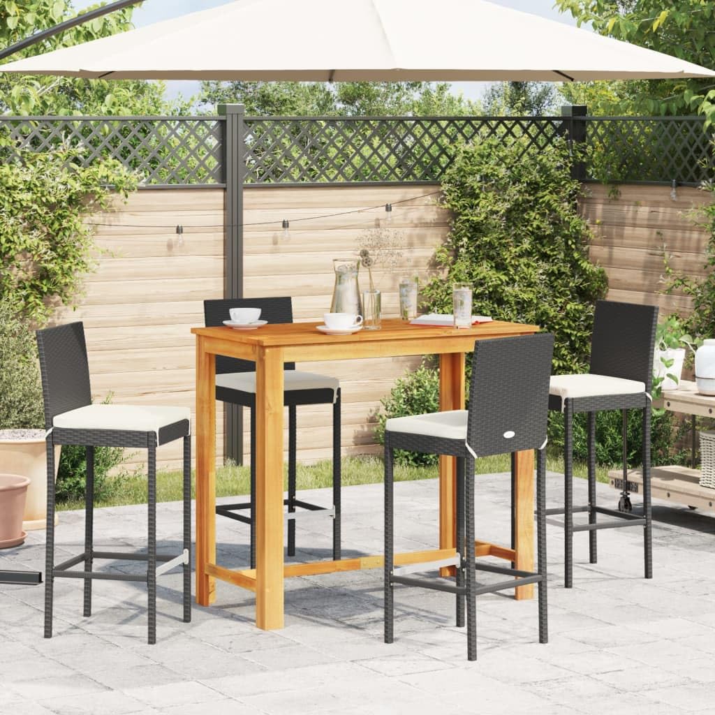 vidaXL 7-Piece Patio Bar Set with Solid Acacia Wood Table and Poly Rattan Stools, Black with Cream Cushions – Perfect for Outdoor Dining and Entertainment