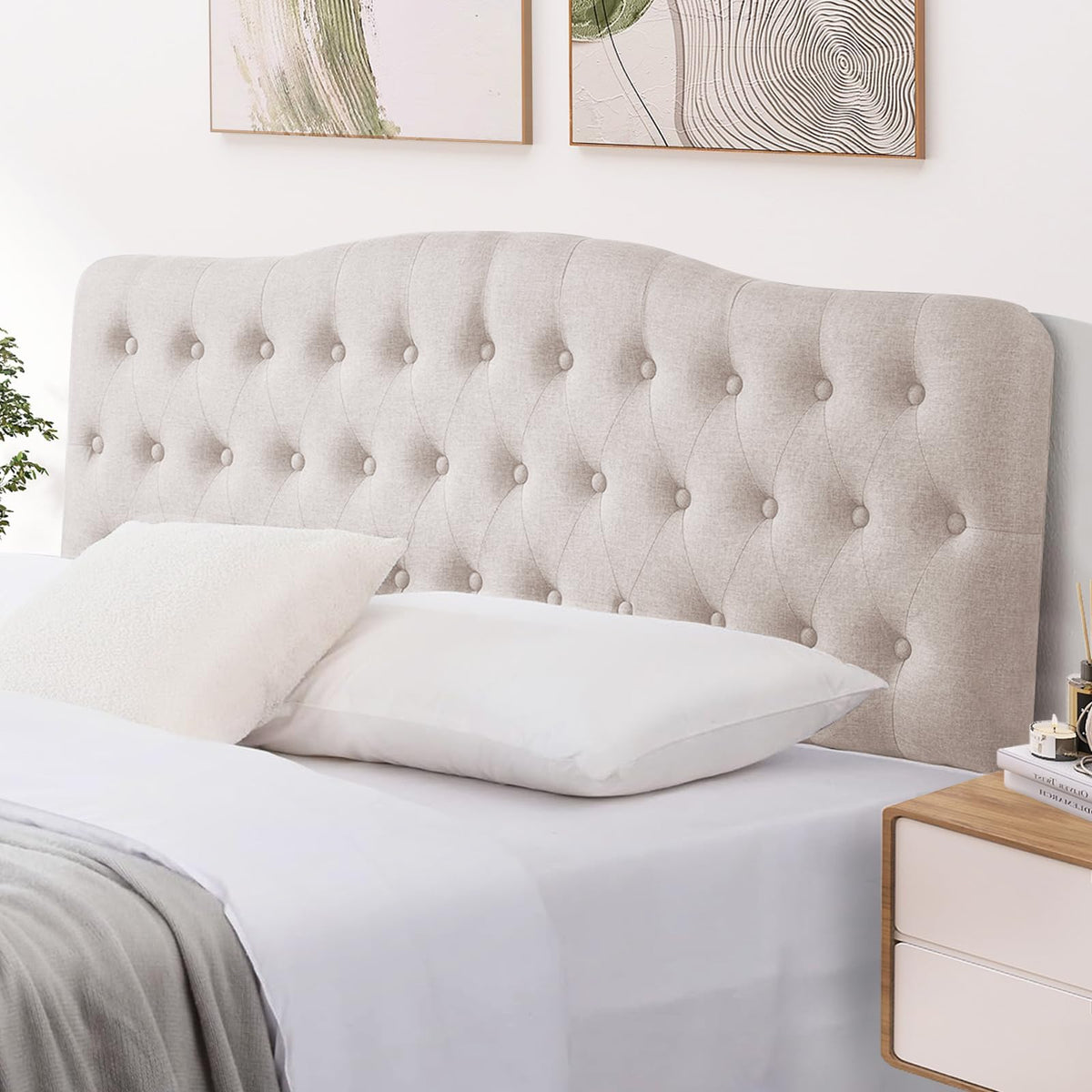 Iroomy Upholstered King Headboard, Button Diamond Tufted Headboard With Adjustable Height And Solid Wood Leg, Linen Fabric Padded Headboard For King Size Bed, Mordern Head Board, Beige
