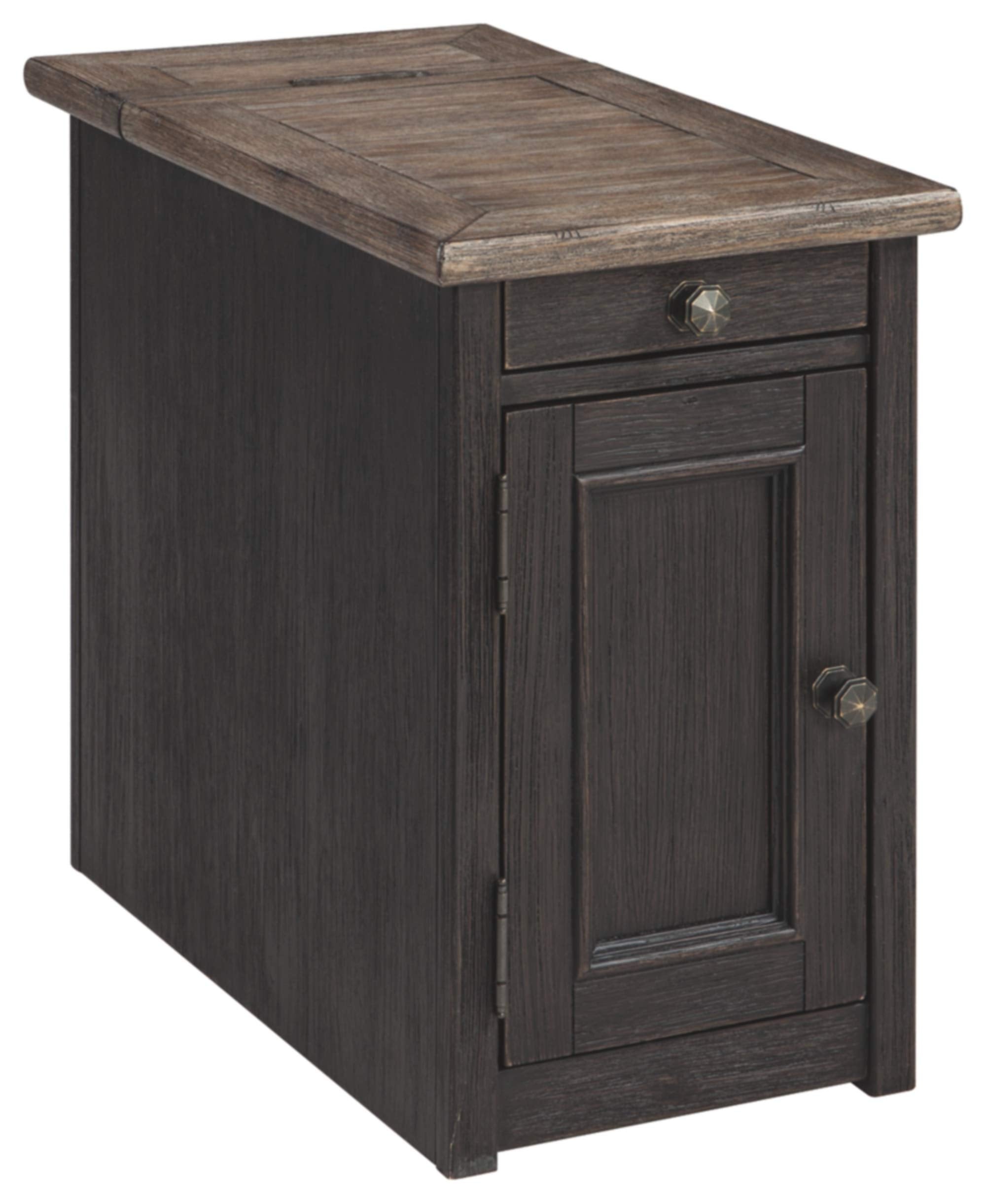 Signature Design by Ashley Tyler Creek Rustic Chair Side End Table with Pull-Out Tray & USB Ports, Brown