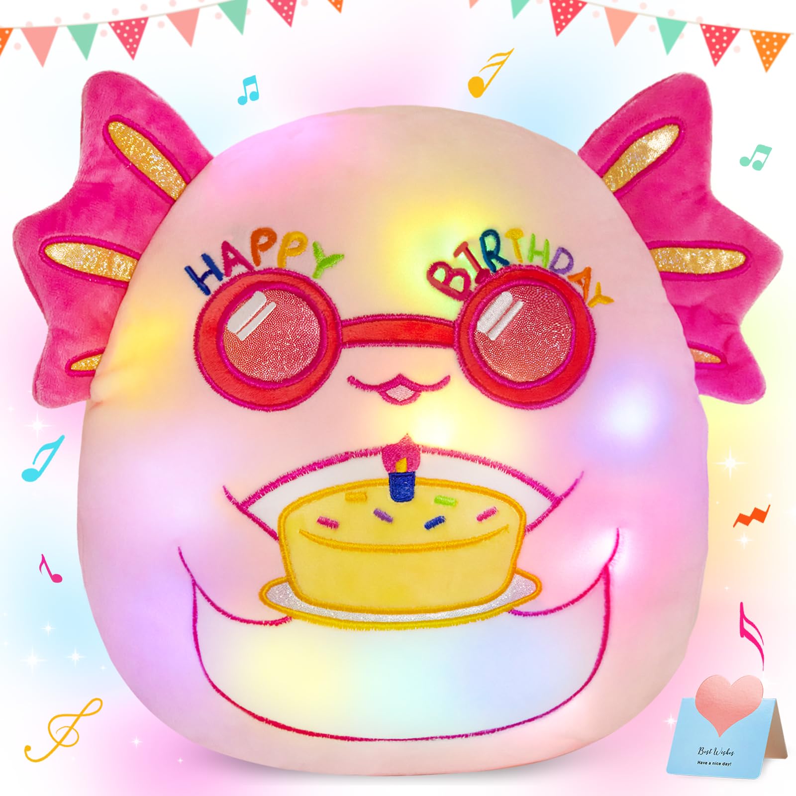 Bstaofy Light Up Music Happy Birthday Axolotl Soft Plush Pillow Birthday Stuffed Animal Axolotl Birthday Gift For Toddler Kids G