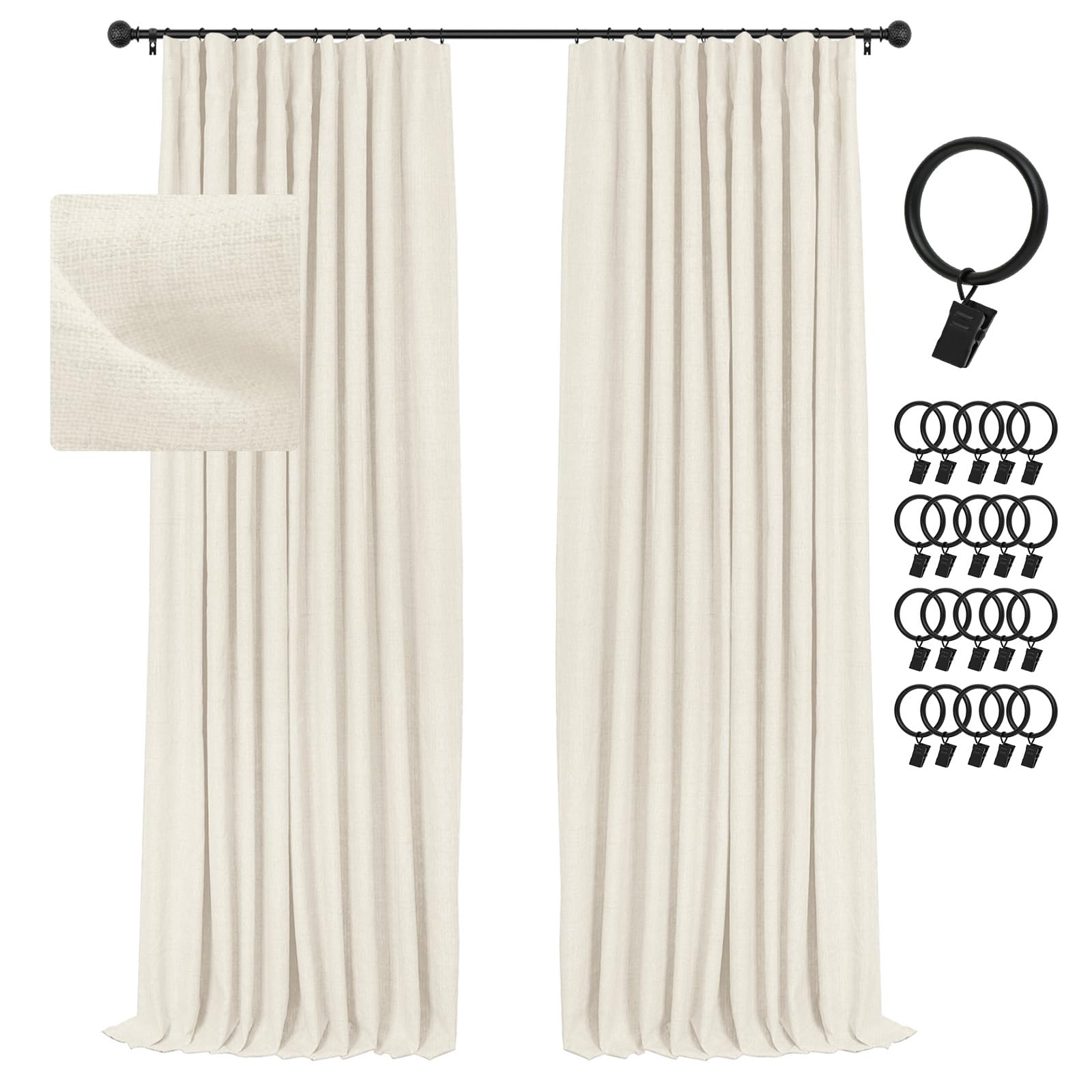 Inovaday Cream Blackout Curtains, 2-Panel Linen Textured 100% Thermal Insulated Room Darkening Sun Blocking Drapes For Bedroom,