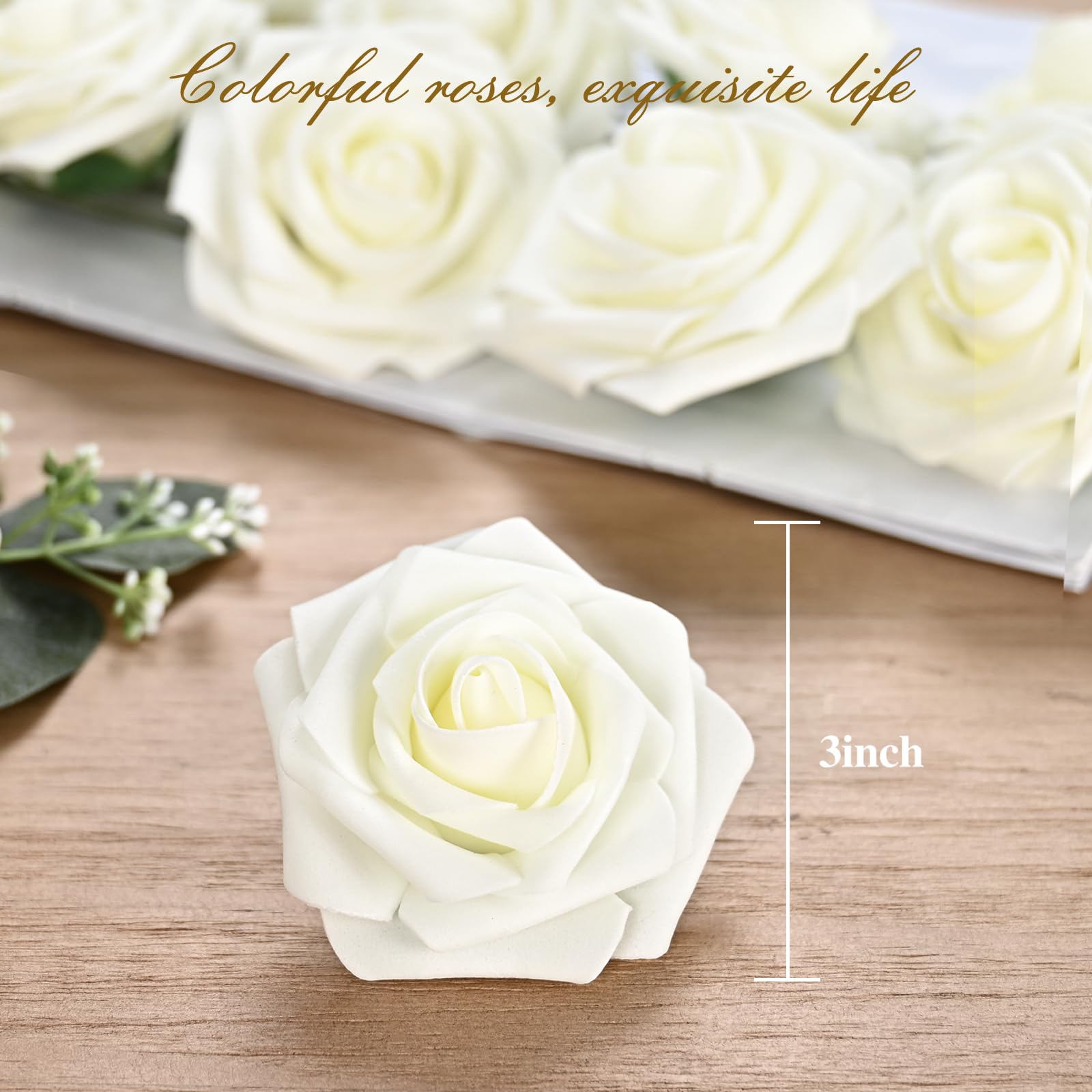 Bleum Cade 16Pcs Artificial Flowers Fake Roses With Stems, Ivory White Boxed Foam Roses For Diy Bouquets Centerpieces Wedding Pa